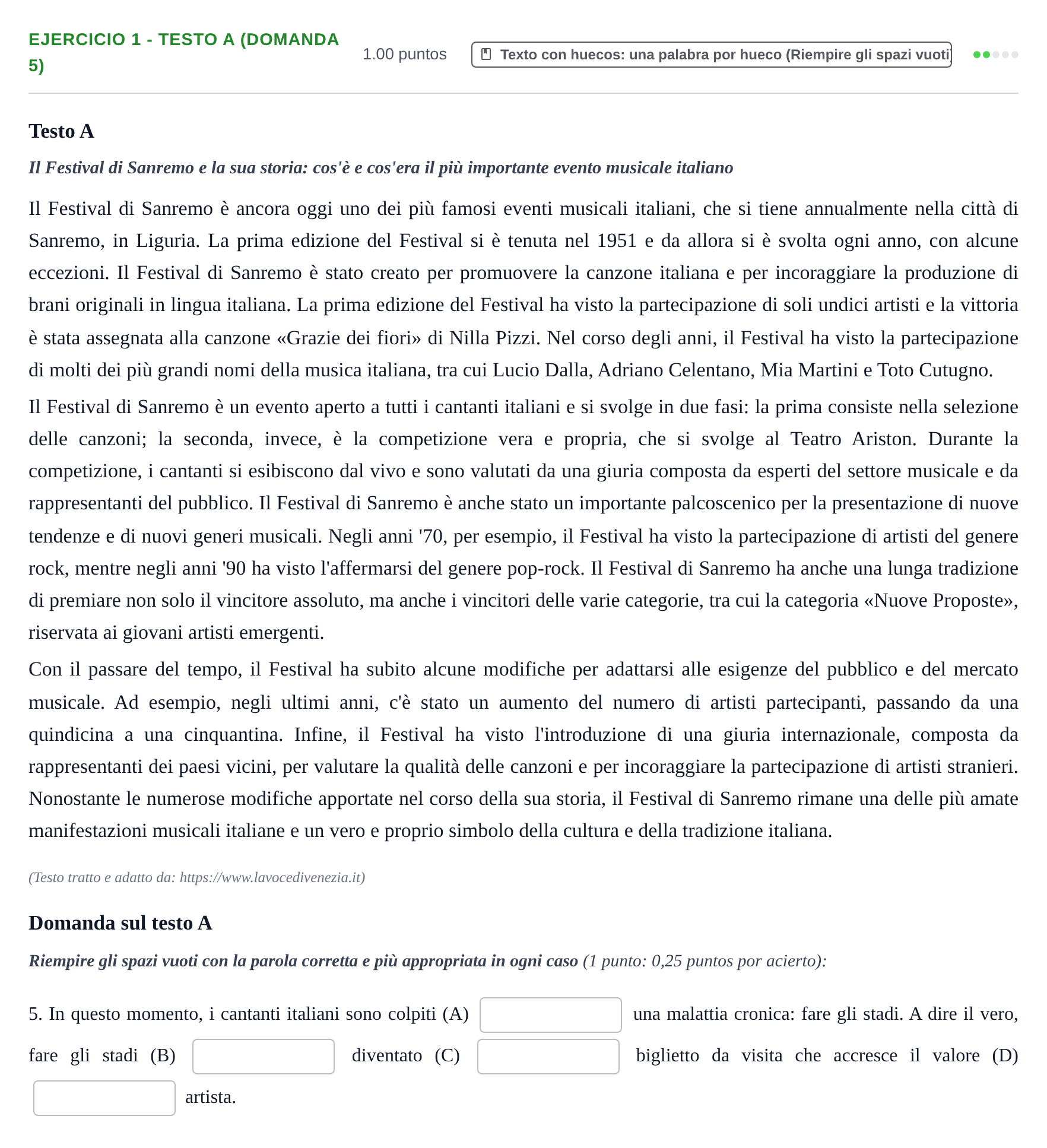 Enunciado: Ejercicio 1 - Testo A (Domanda 5) · Italiano PAU Asturias Ordinaria (2ª lengua extranjera) 2026