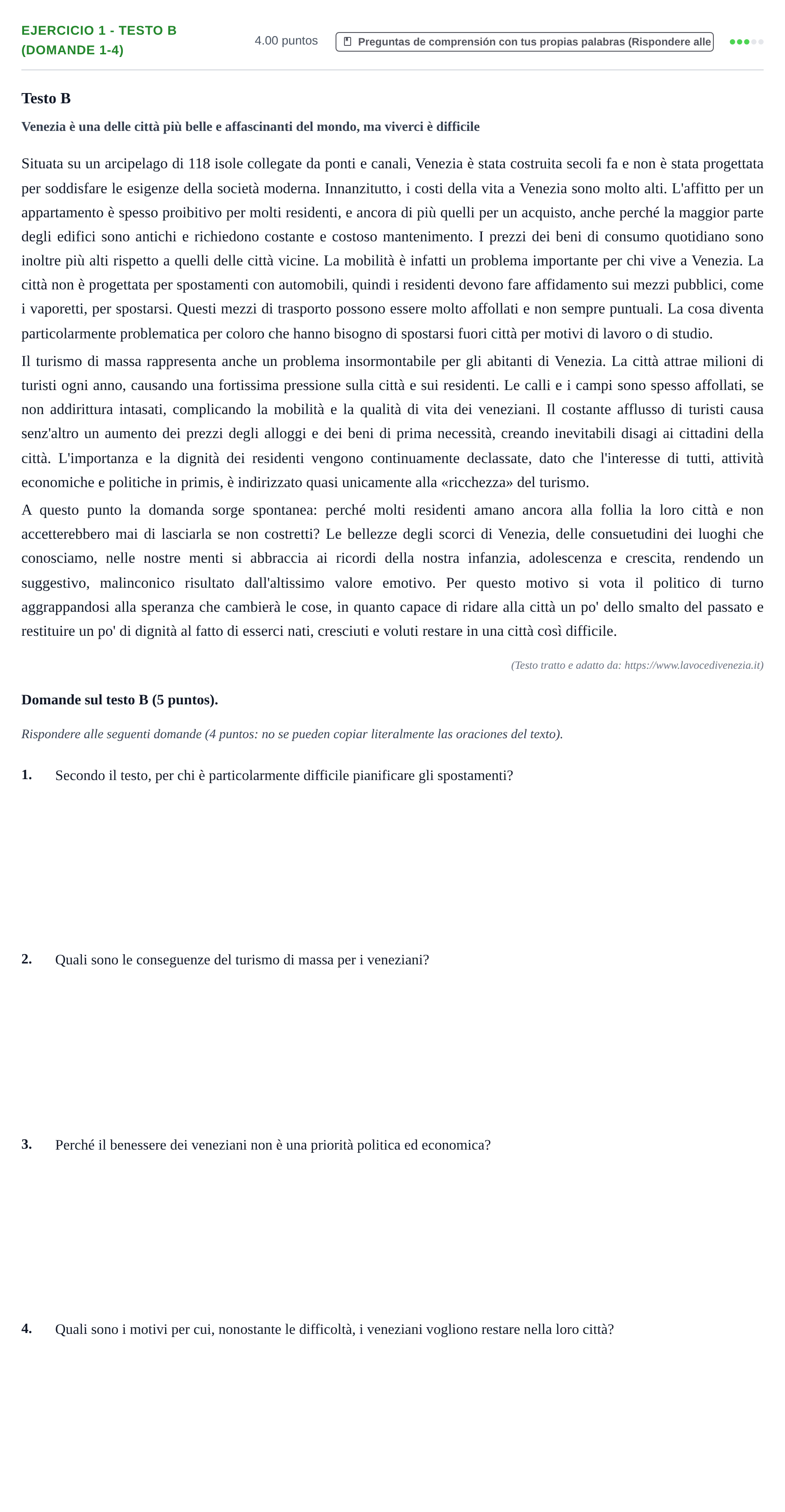 Enunciado: Ejercicio 1 - Testo B (Domande 1-4) · Italiano PAU Asturias Ordinaria (2ª lengua extranjera) 2026
