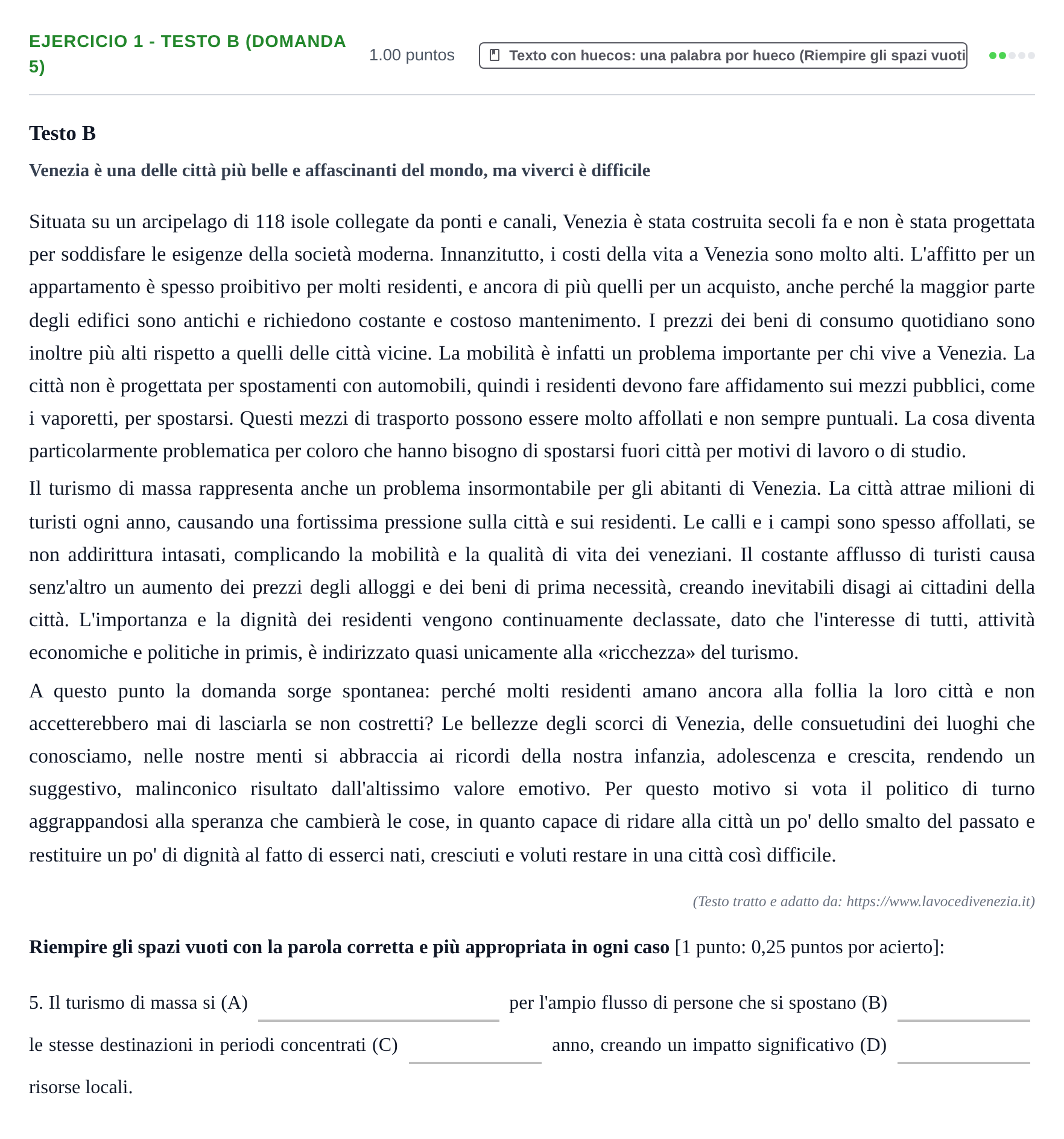 Enunciado: Ejercicio 1 - Testo B (Domanda 5) · Italiano PAU Asturias Ordinaria (2ª lengua extranjera) 2026