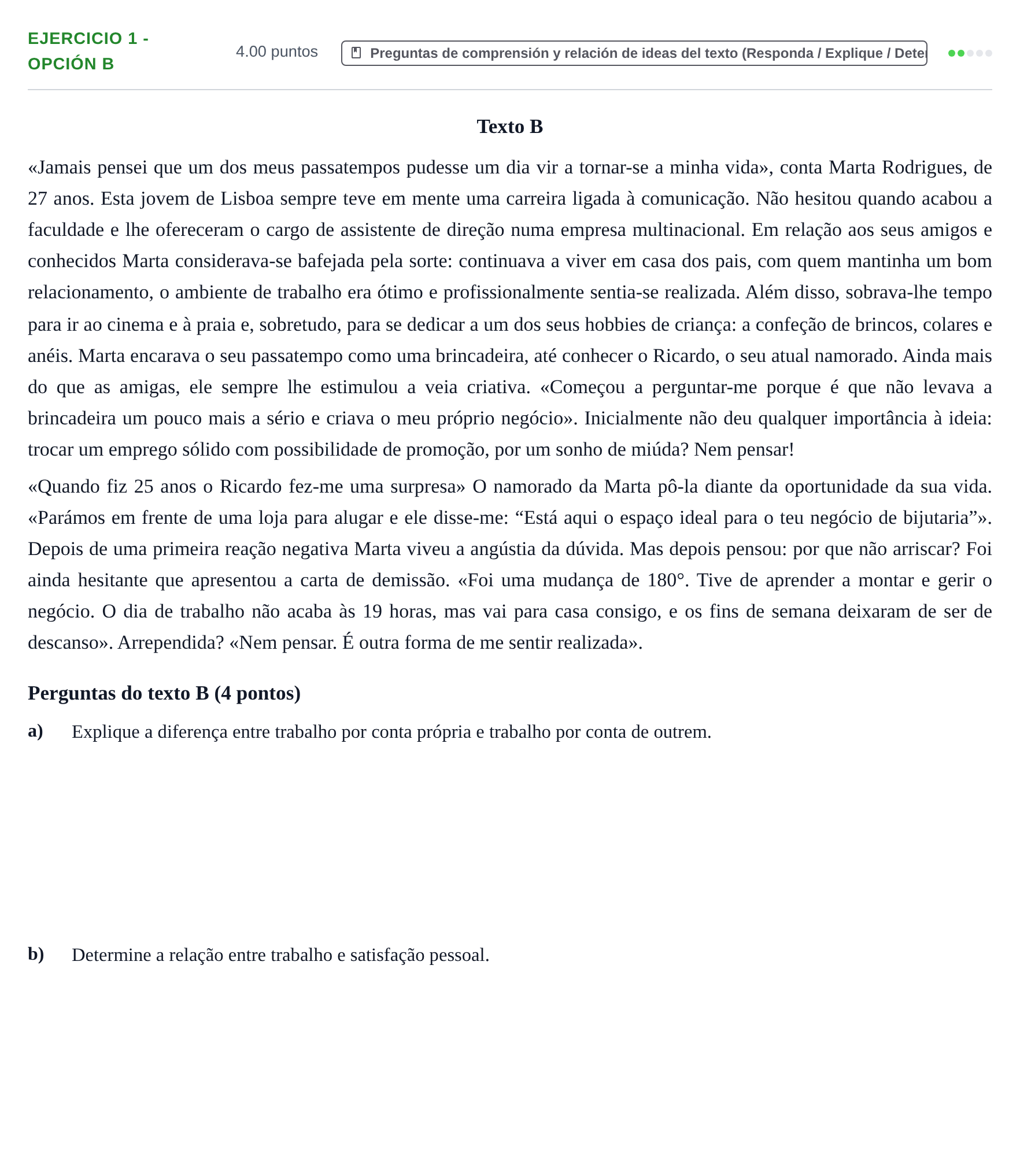 Enunciado: Ejercicio 1 - Opción B · Portugués PAU Asturias Extraordinaria 2026