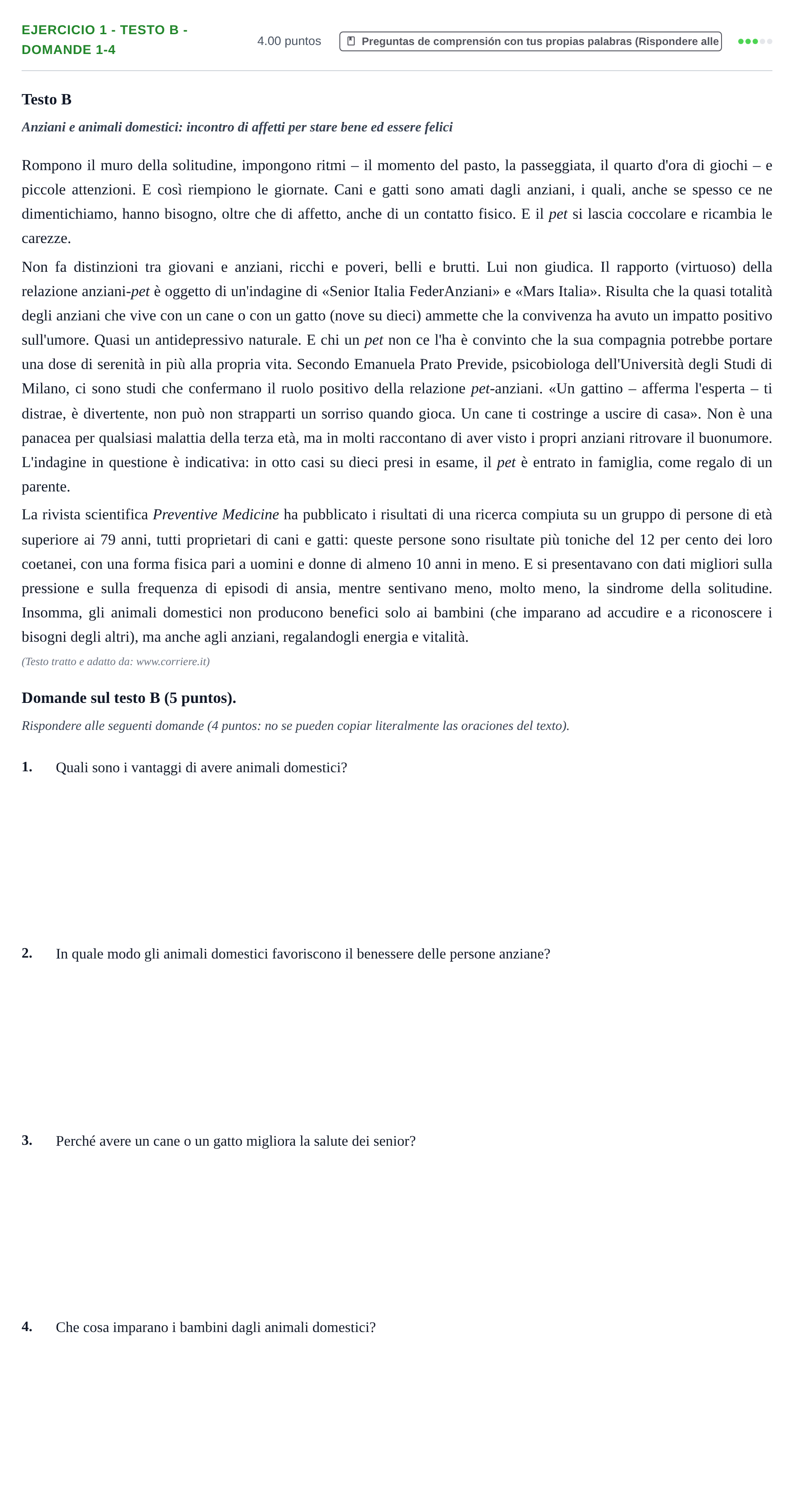Enunciado: Ejercicio 1 - Testo B - Domande 1-4 · Italiano PAU Asturias Extraordinaria 2026