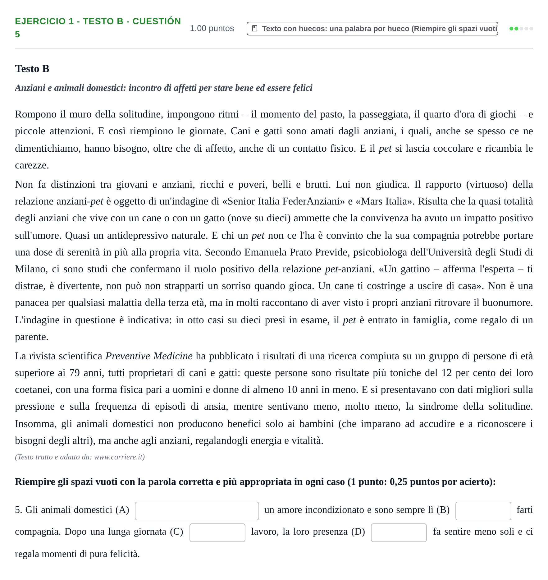 Enunciado: Ejercicio 1 - Testo B - Cuestión 5 · Italiano PAU Asturias Extraordinaria 2026