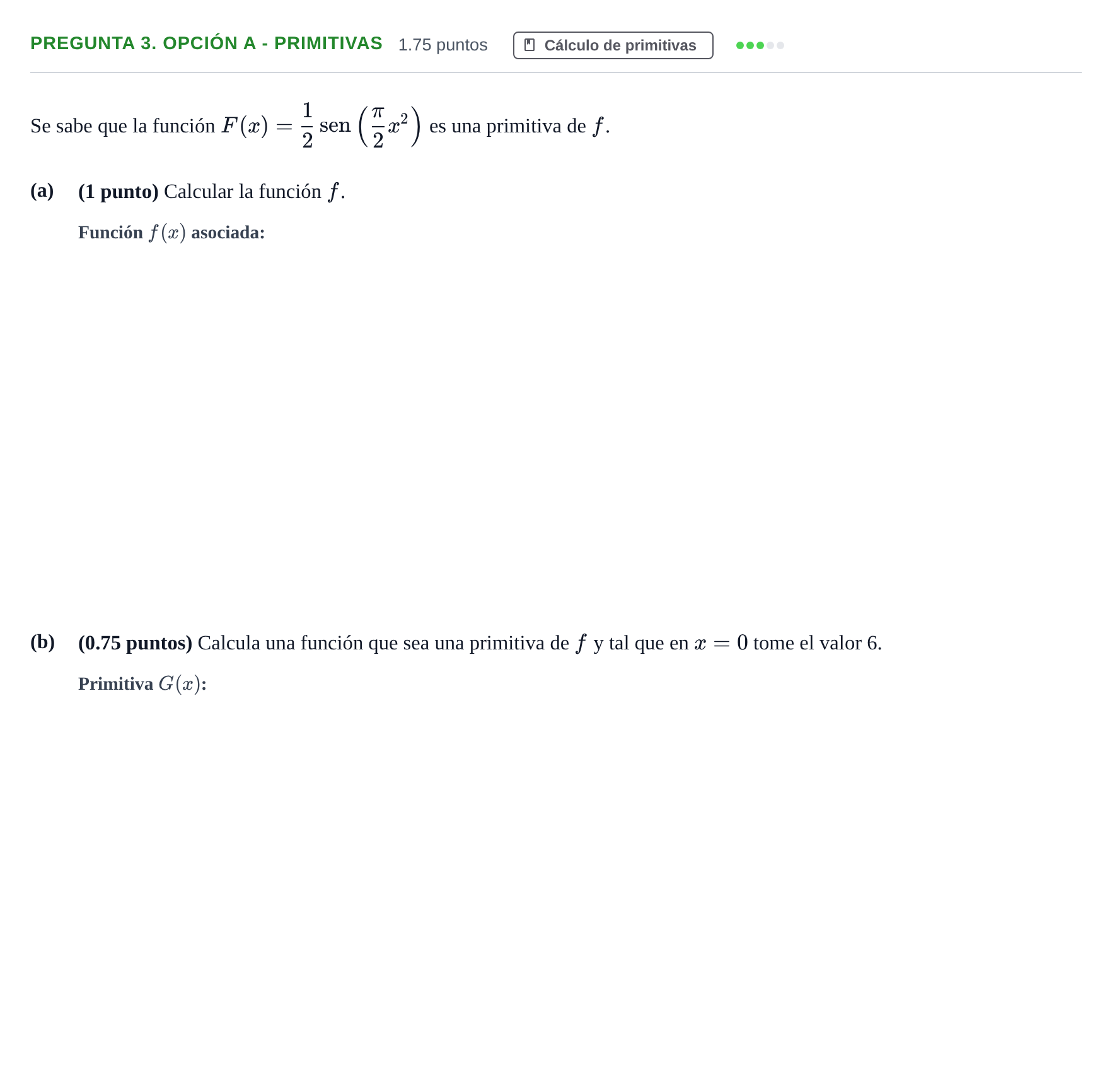Enunciado: Pregunta 3. Opción A - Primitivas · Matemáticas II PAU Asturias Ordinaria 2026