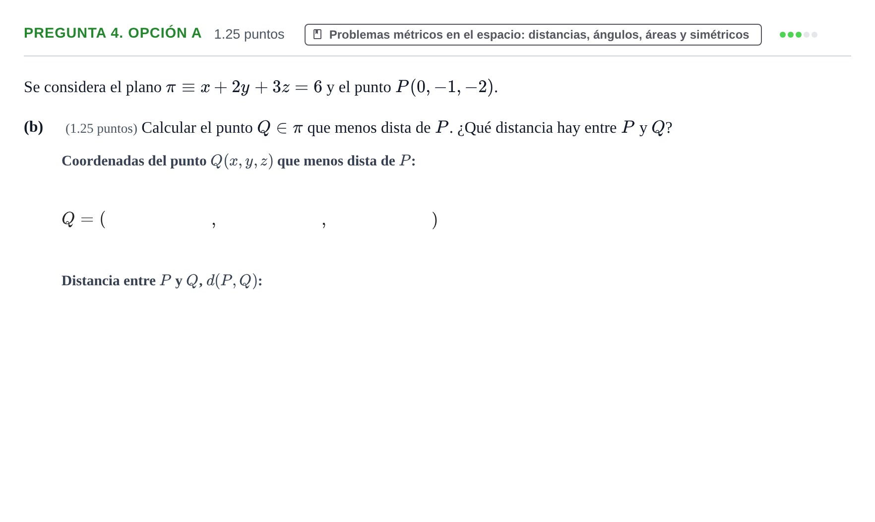 Enunciado: Pregunta 4. Opción A - Problemas métricos · Matemáticas II PAU Asturias Ordinaria 2026