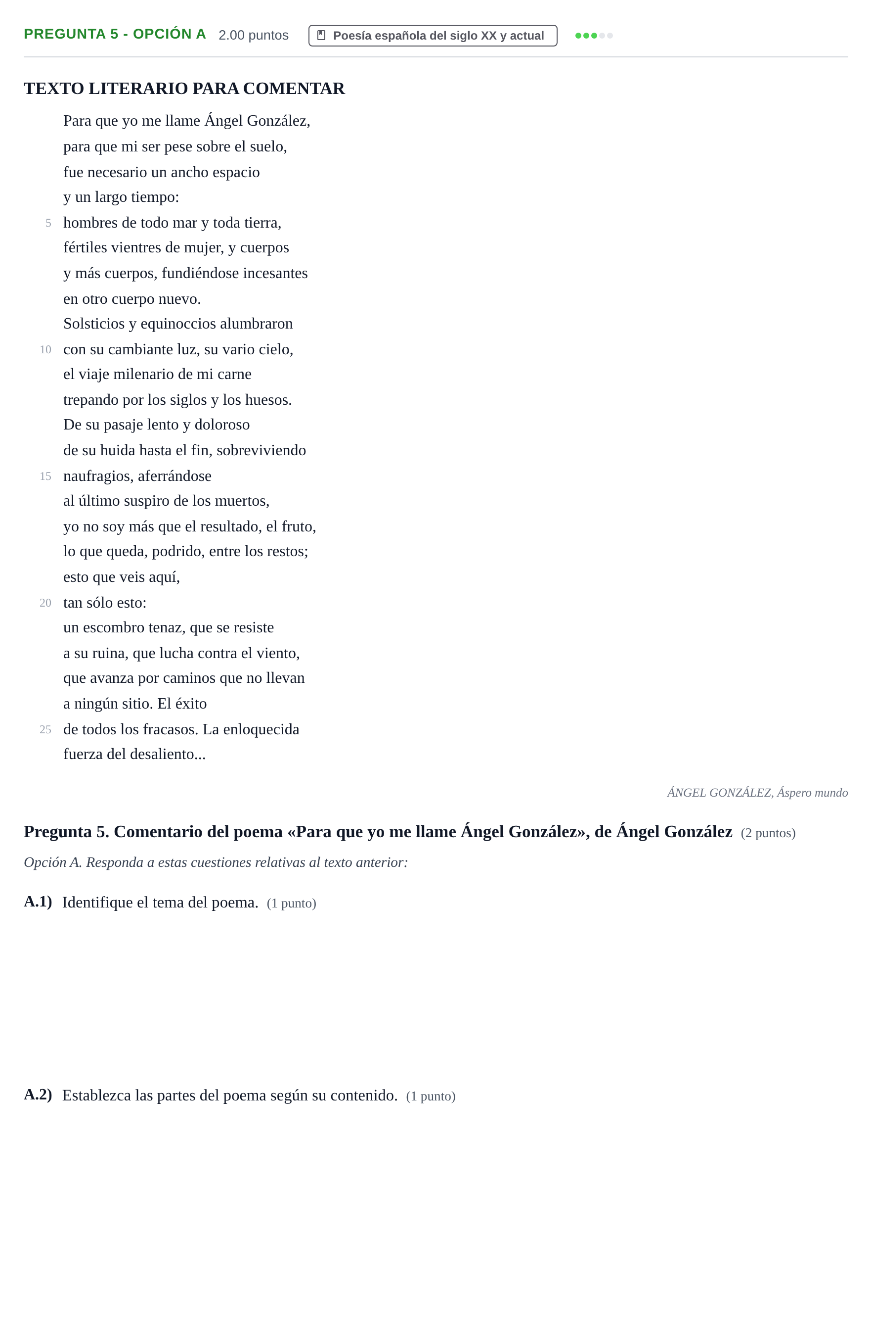 Enunciado: Pregunta 5 - Opción A · Lengua Castellana y Literatura II PAU Asturias Ordinaria 2026