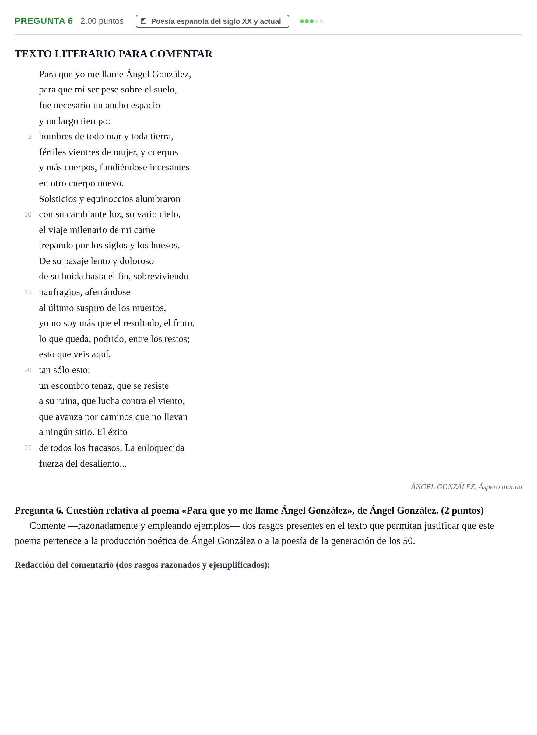 Enunciado: Pregunta 6 · Lengua Castellana y Literatura II PAU Asturias Ordinaria 2026