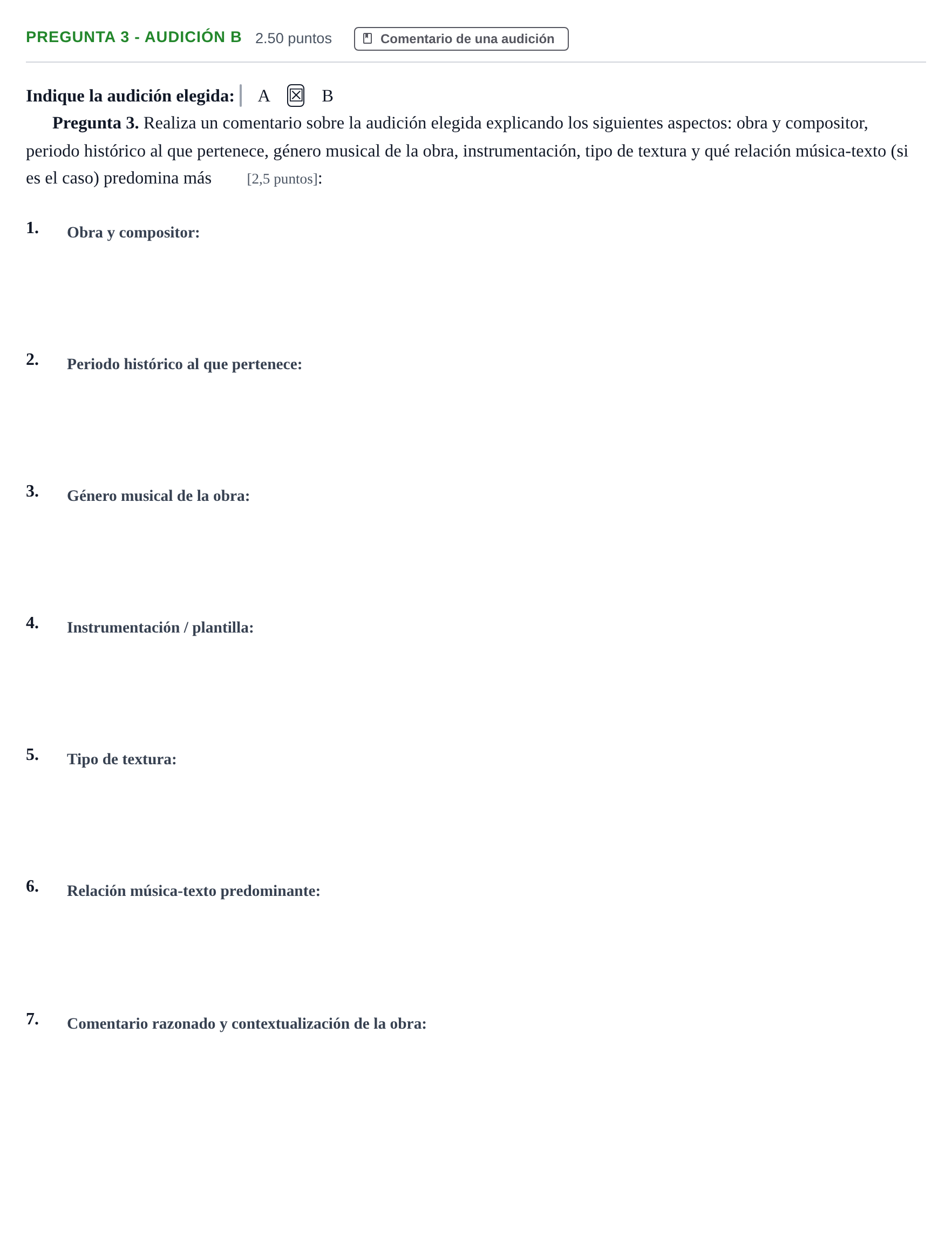 Enunciado: Pregunta 3 - Audición B · Análisis Musical II PAU Asturias Ordinaria 2026
