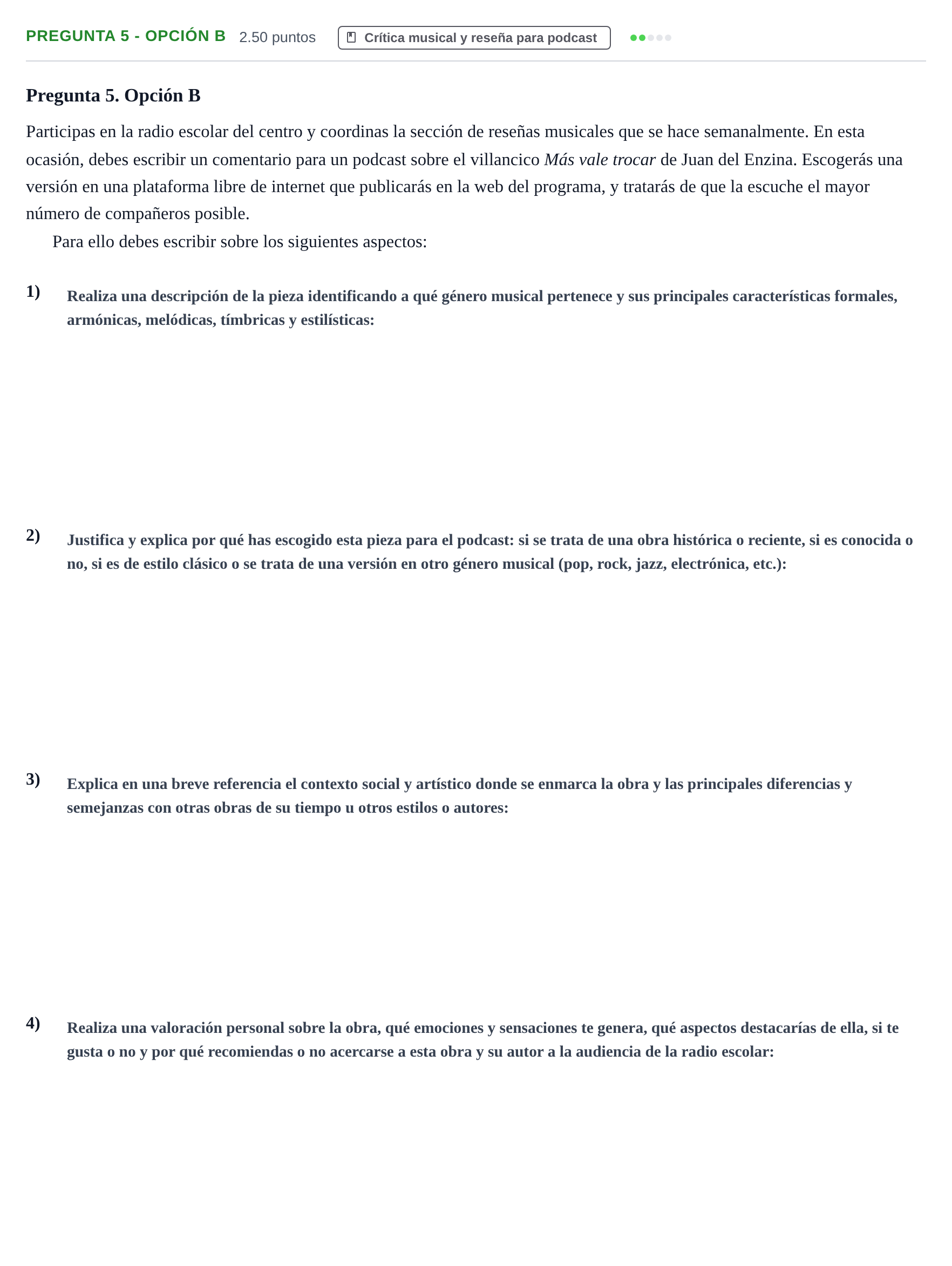 Enunciado: Pregunta 5 - Opción B · Análisis Musical II PAU Asturias Ordinaria 2026