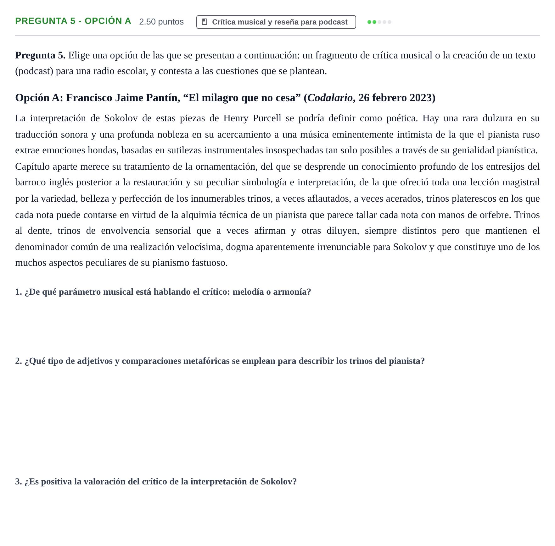 Enunciado: Pregunta 5 - Opción A · Análisis Musical II PAU Asturias Extraordinaria 2026
