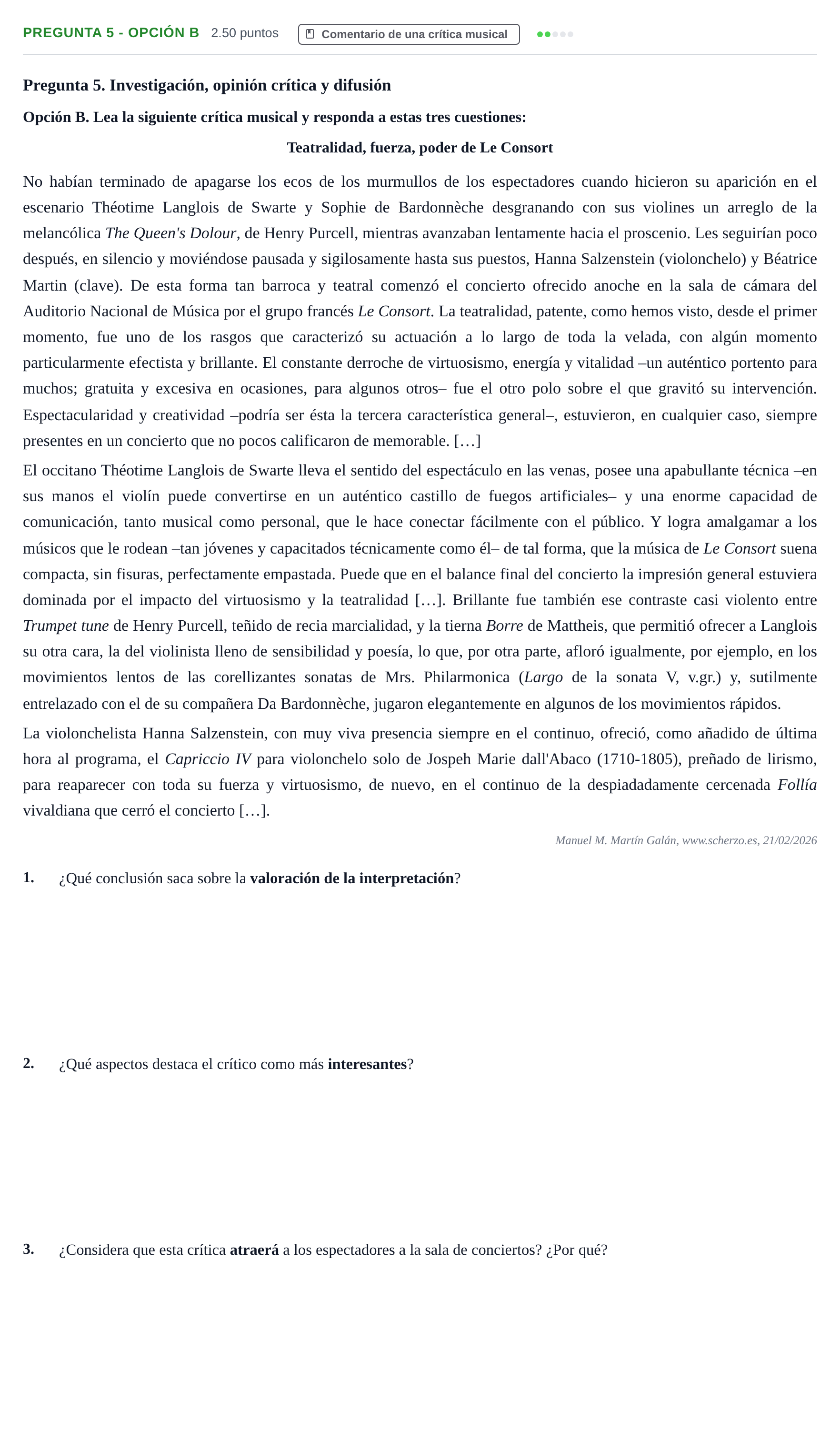 Enunciado: Pregunta 5 - Opción B · Historia de la Música y de la Danza PAU Asturias Extraordinaria 2026