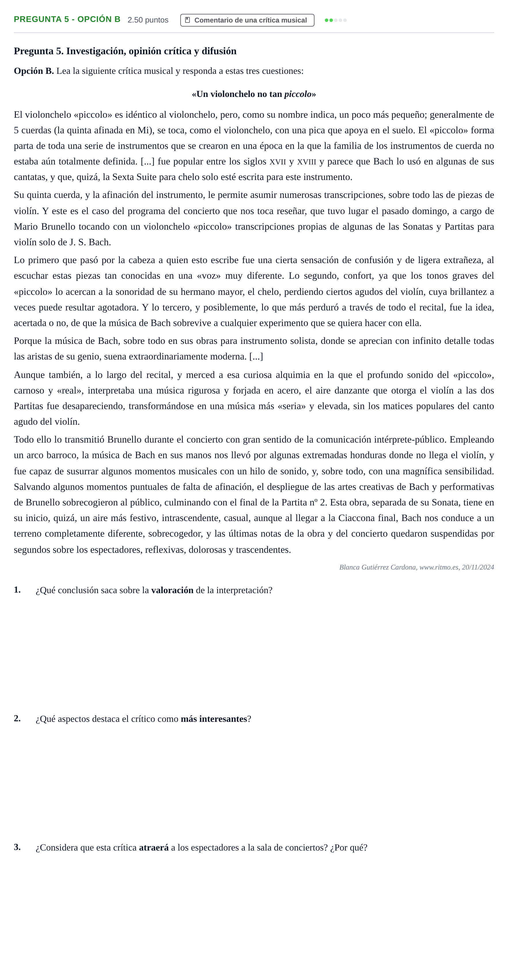 Enunciado: Pregunta 5 - Opción B · Historia de la Música y de la Danza PAU Asturias Ordinaria 2026