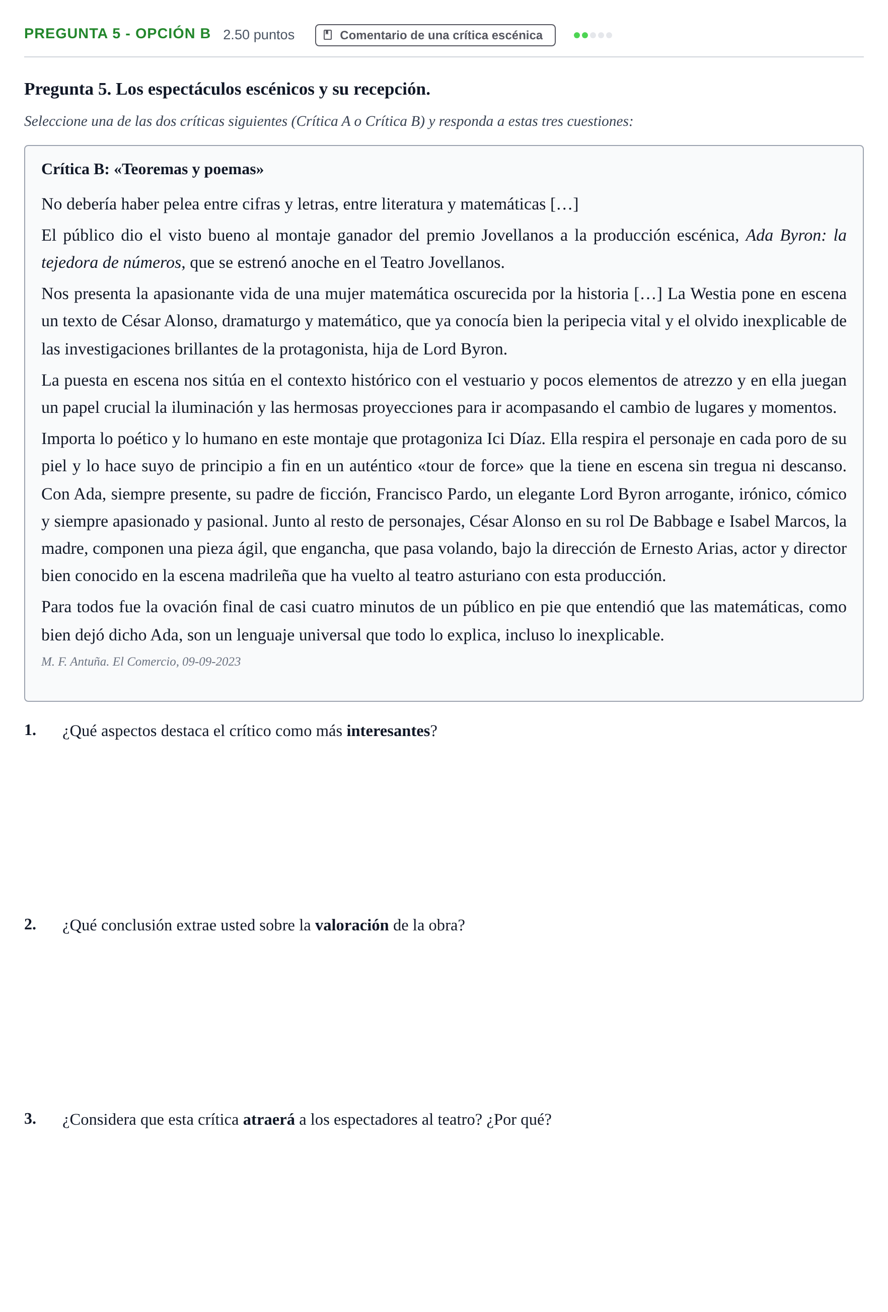 Enunciado: Pregunta 5 - Opción B · Artes Escénicas PAU Asturias Extraordinaria 2025