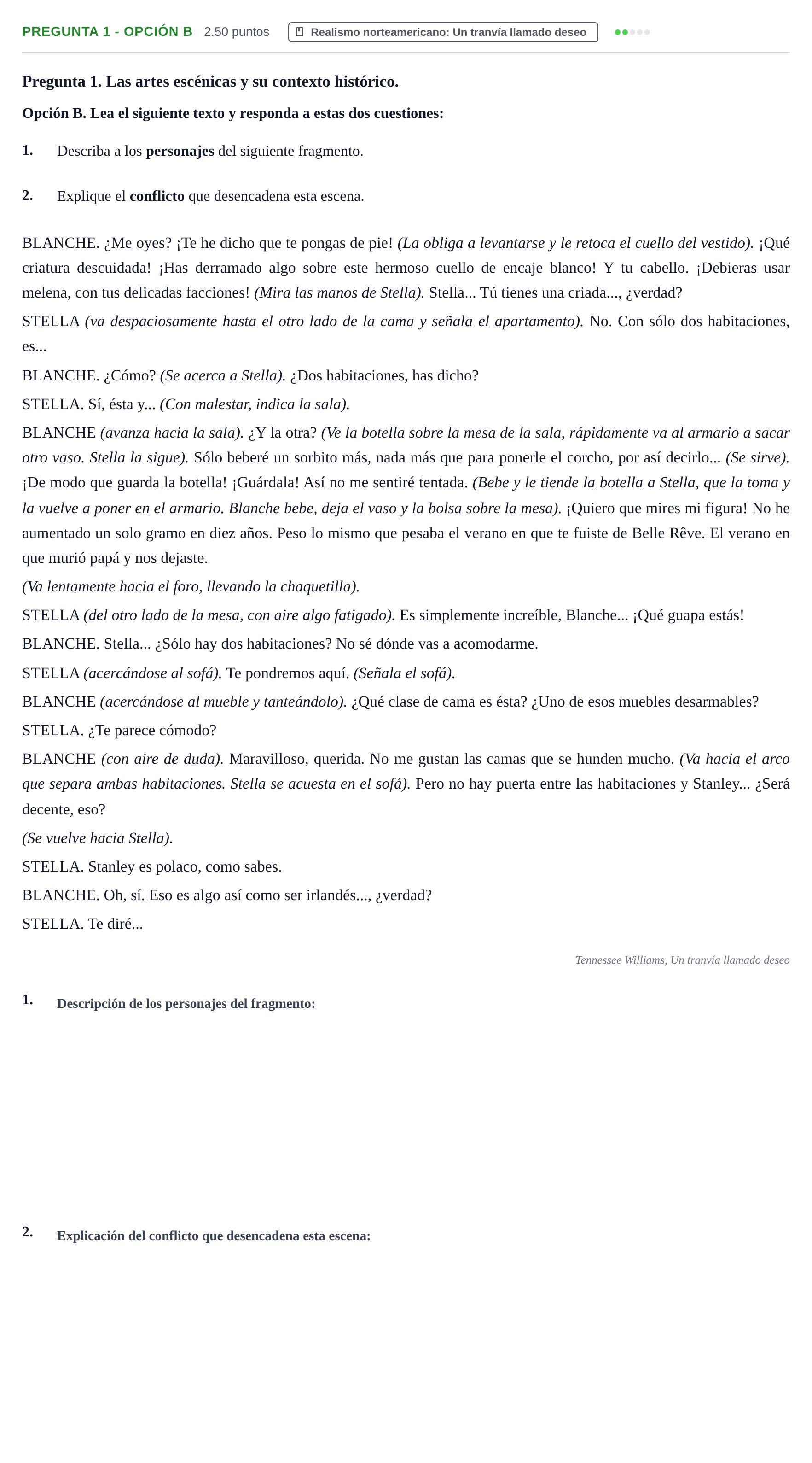 Enunciado: Pregunta 1 - Opción B · Artes Escénicas PAU Asturias Ordinaria 2025