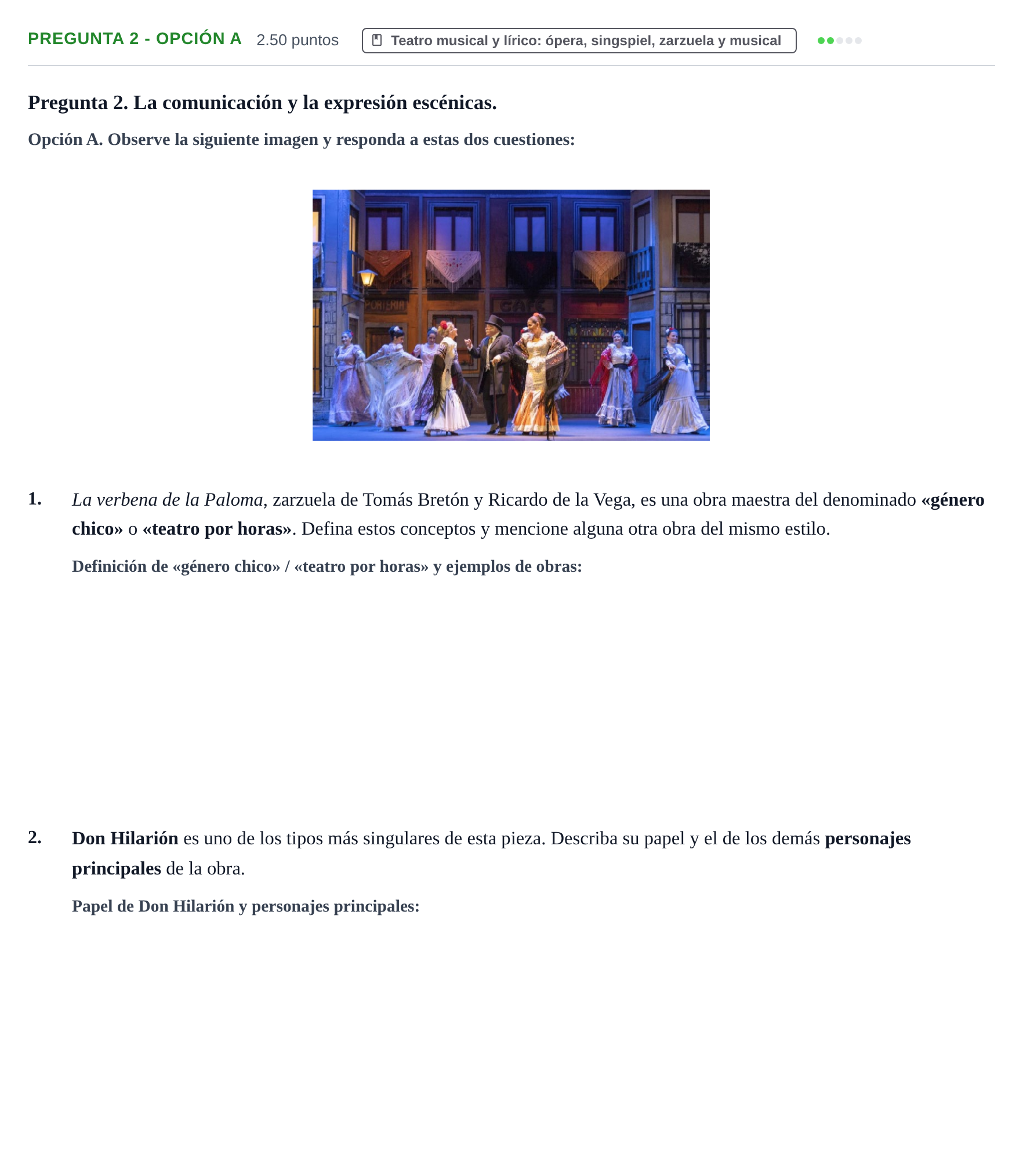 Enunciado: Pregunta 2 - Opción A · Artes Escénicas PAU Asturias Ordinaria 2025