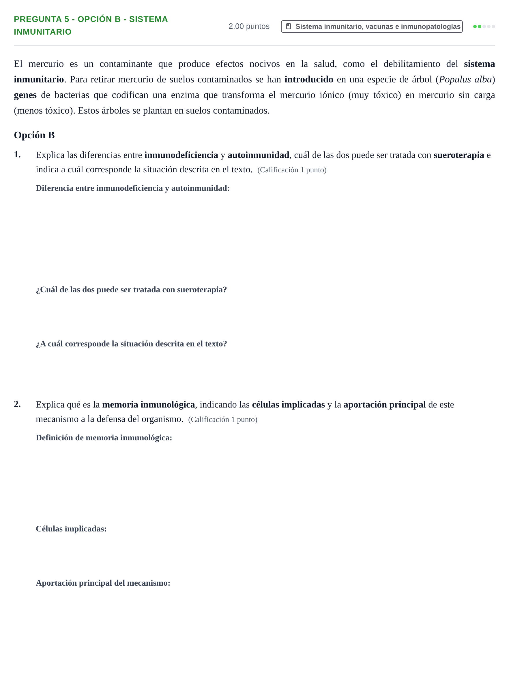Enunciado: Pregunta 5 - Opción B - Sistema inmunitario · Biología PAU Asturias Ordinaria 2025