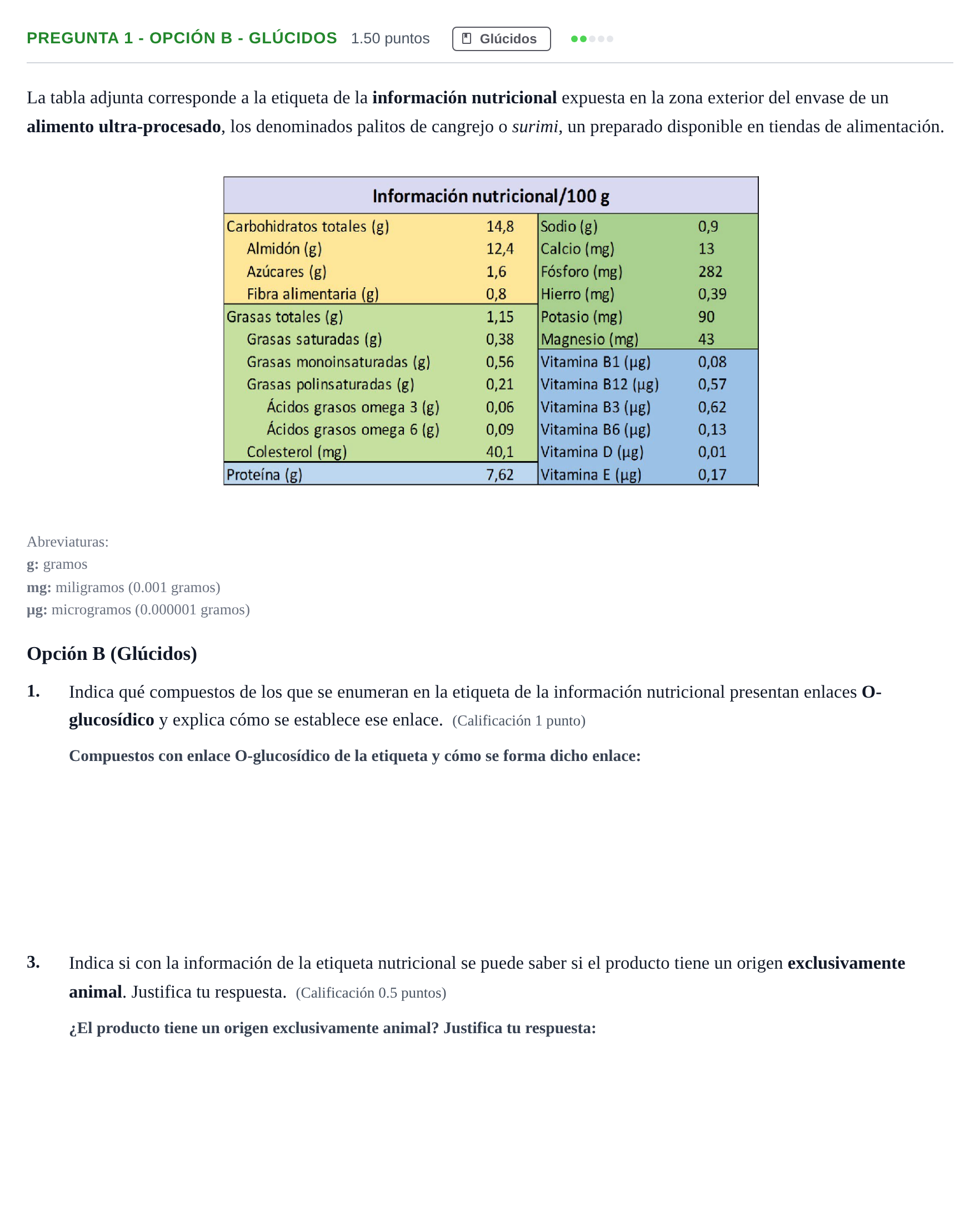 Enunciado: Pregunta 1 - Opción B - Glúcidos · Biología PAU Asturias Extraordinaria 2025