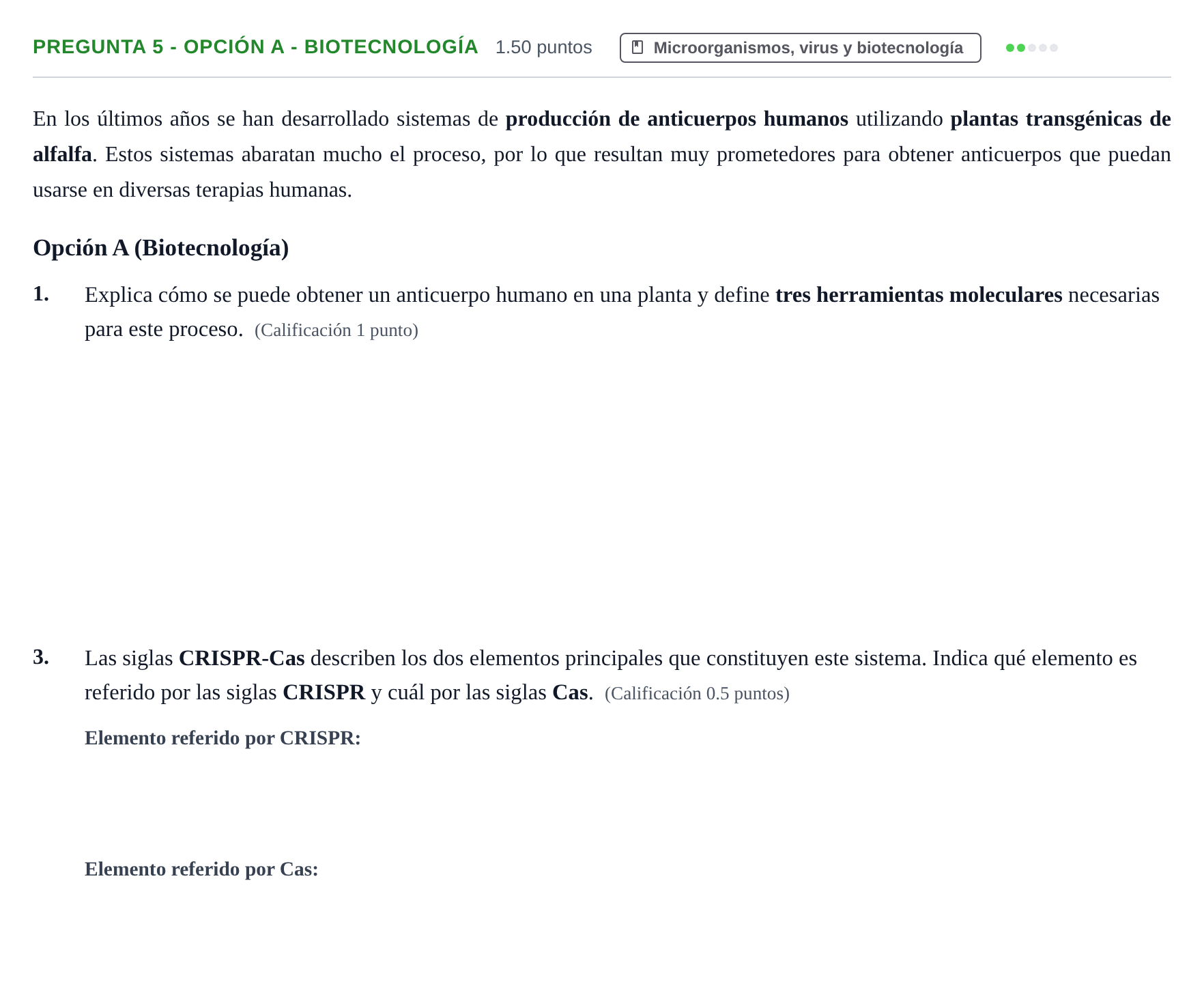 Enunciado: Pregunta 5 - Opción A - Biotecnología · Biología PAU Asturias Extraordinaria 2025