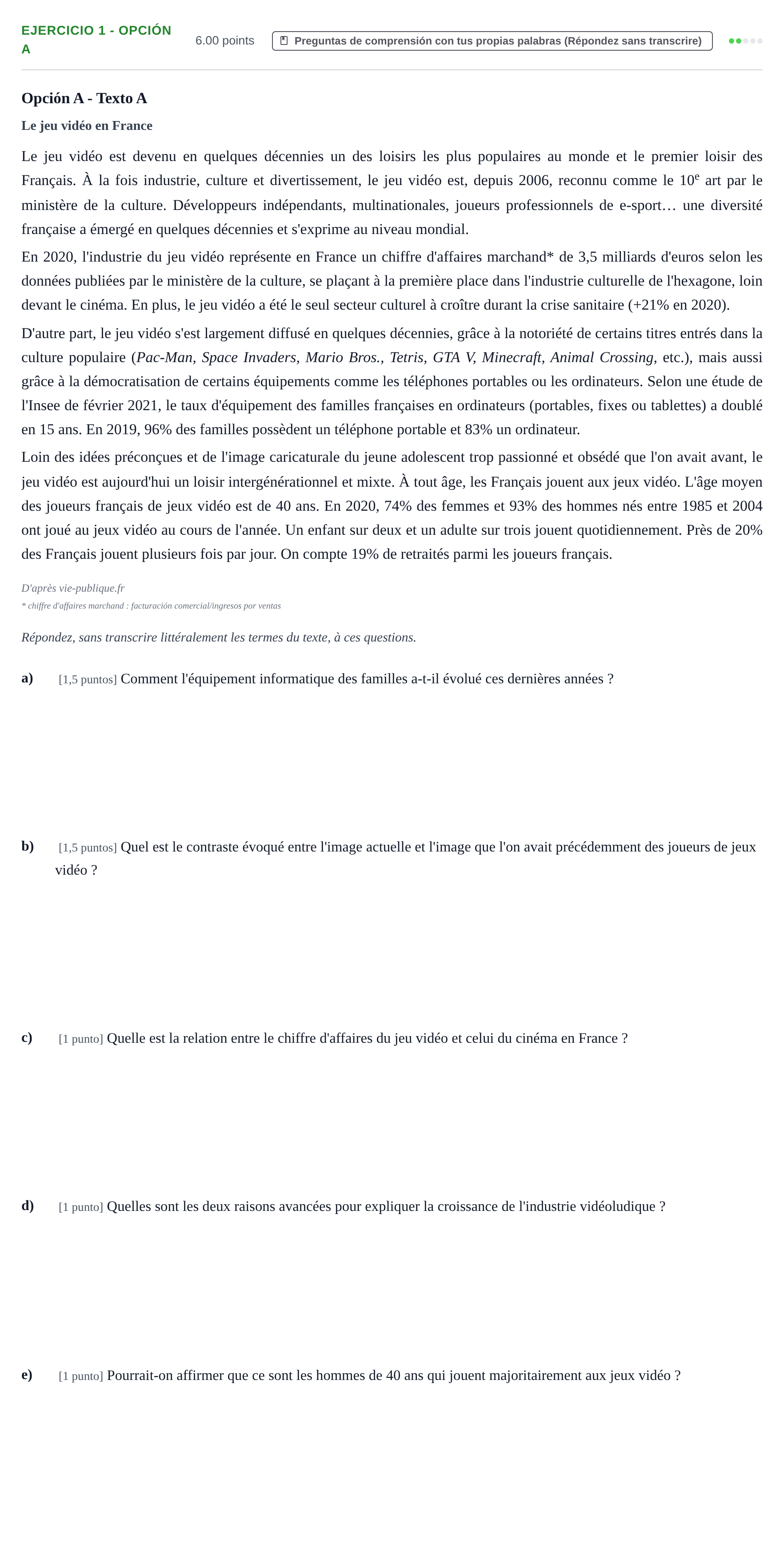 Enunciado: Ejercicio 1 - Opción A · Francés PAU Asturias Ordinaria (2ª lengua extranjera) 2025