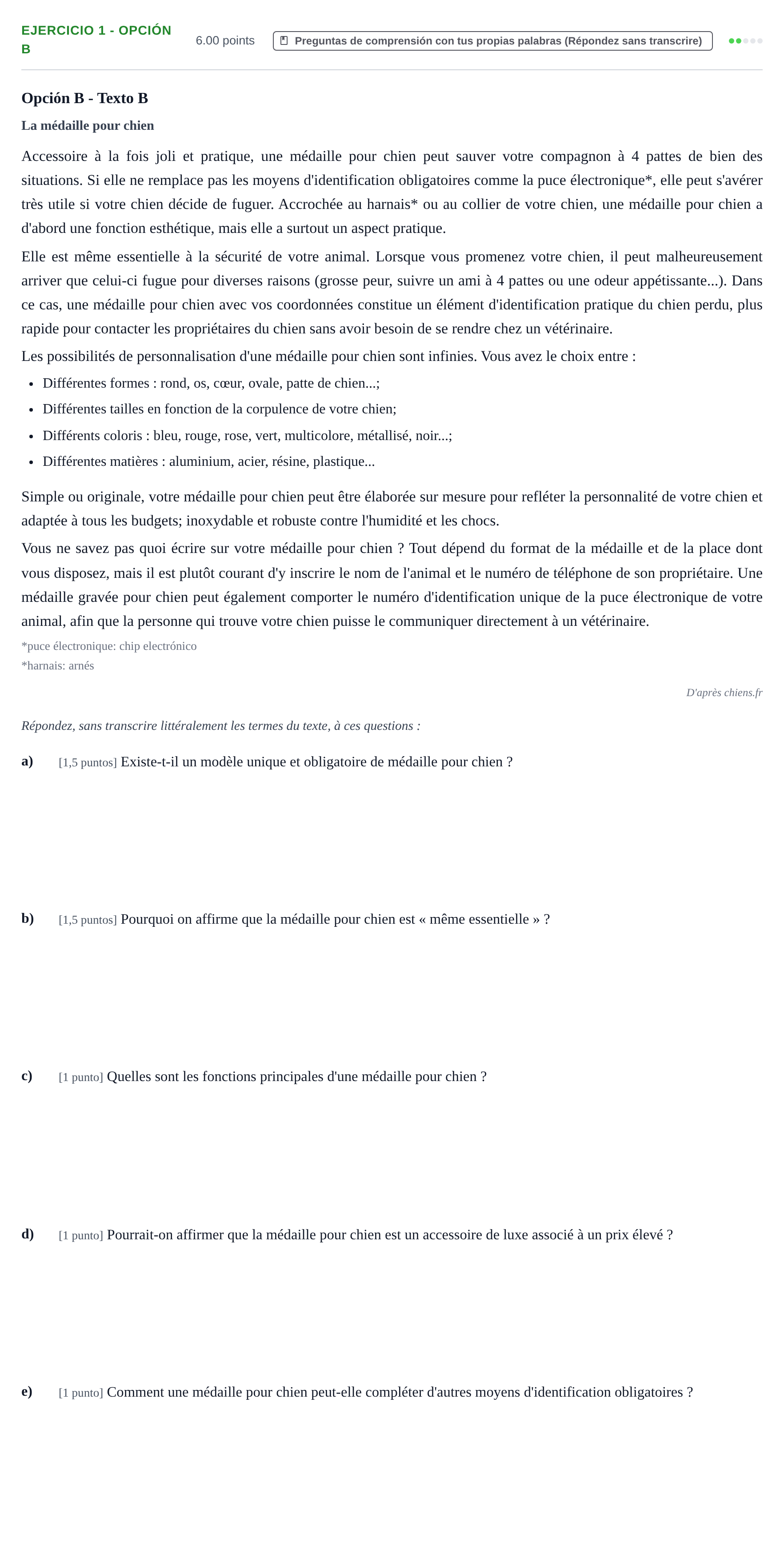 Enunciado: Ejercicio 1 - Opción B · Francés PAU Asturias Ordinaria (2ª lengua extranjera) 2025