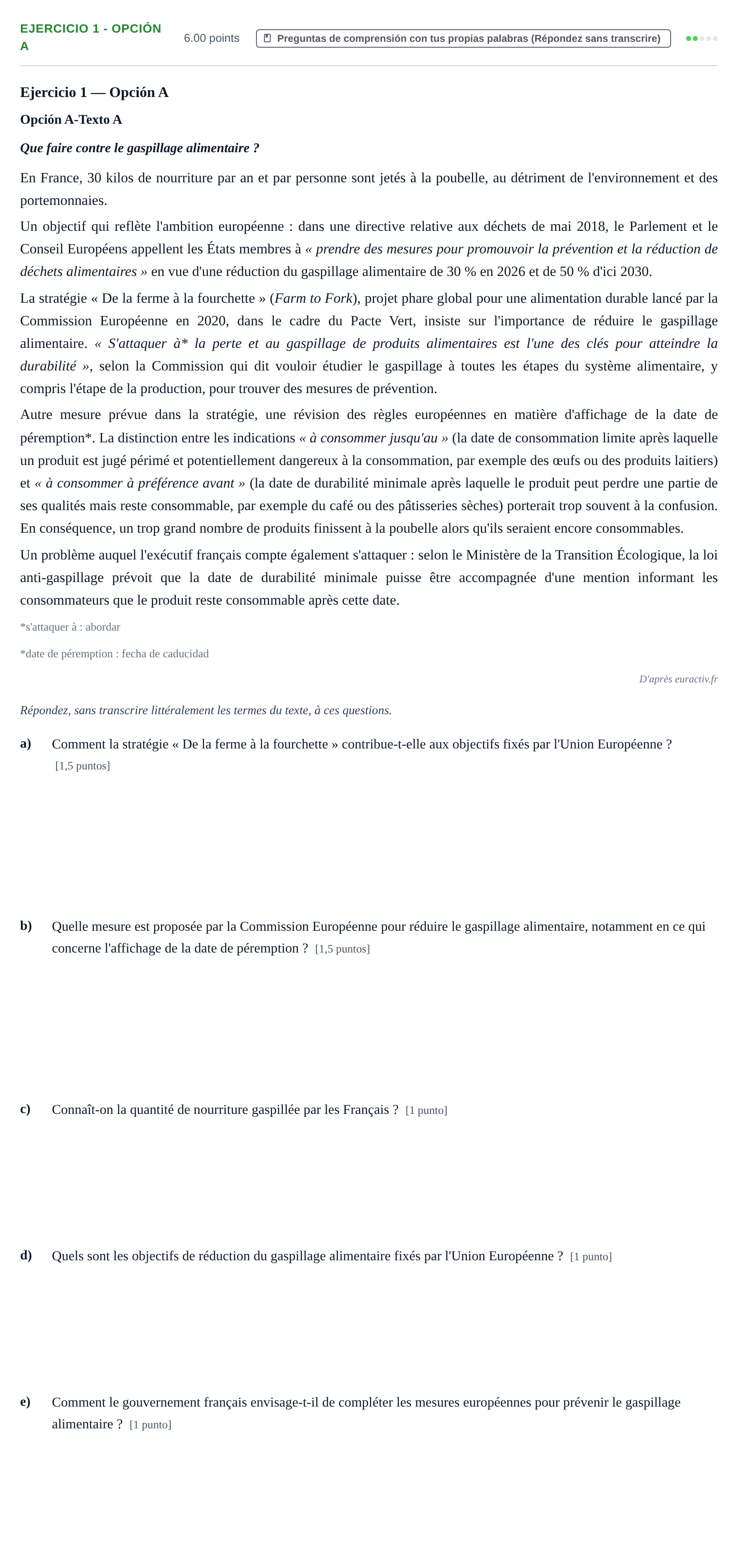 Enunciado: Ejercicio 1 - Opción A · Francés PAU Asturias Ordinaria 2025