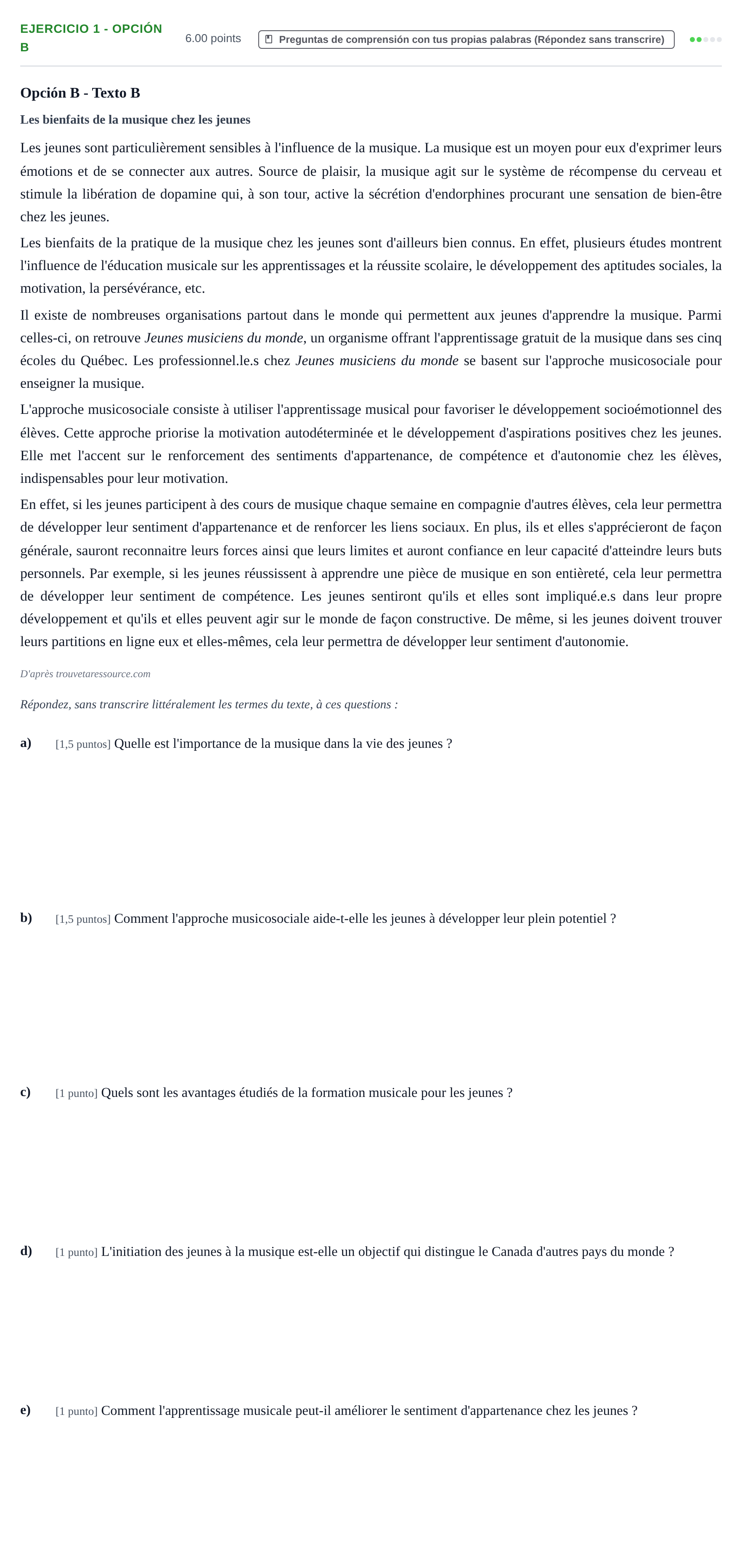Enunciado: Ejercicio 1 - Opción B · Francés PAU Asturias Ordinaria 2025