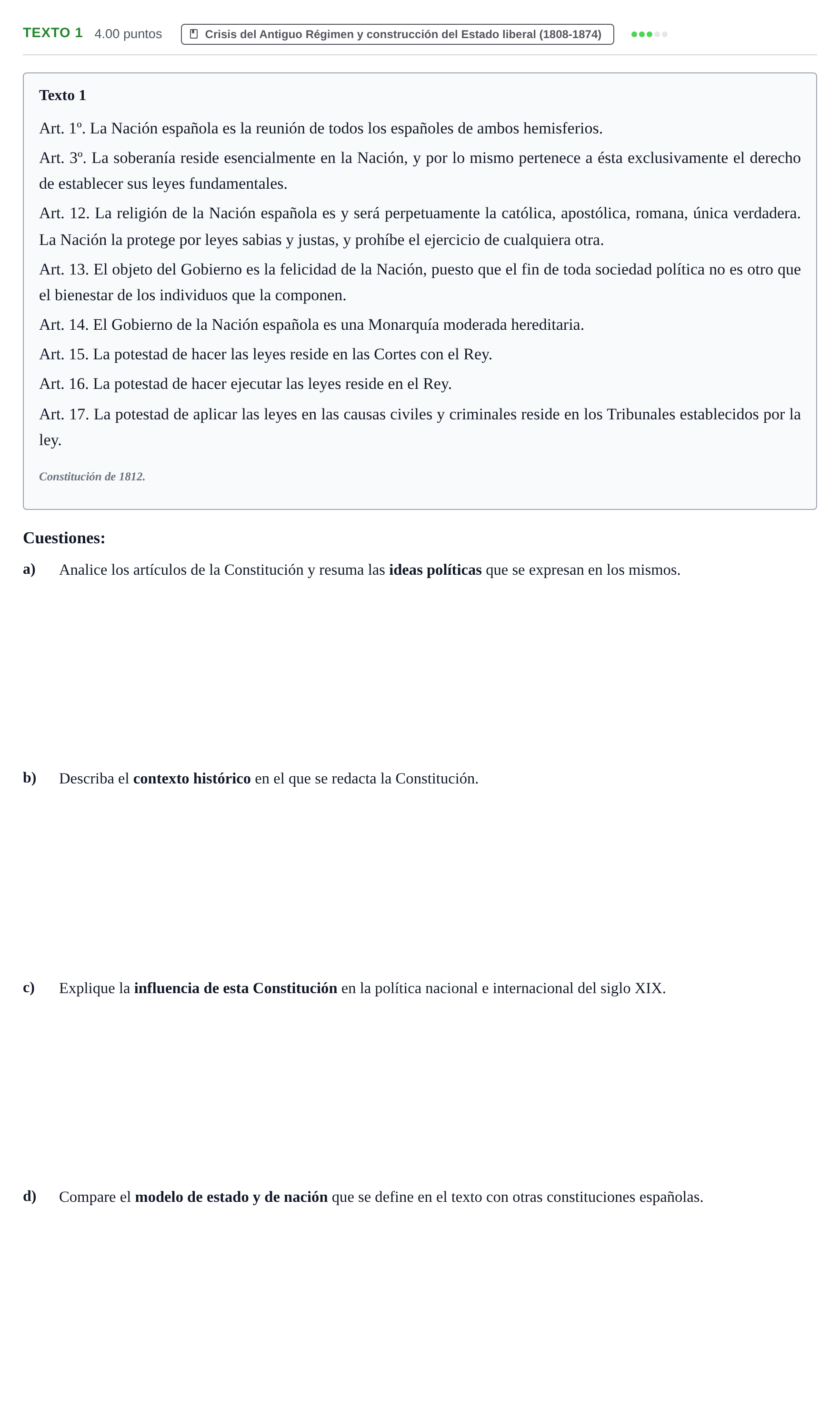 Enunciado: Ejercicio Texto 1 · Historia de España PAU Asturias Extraordinaria 2025