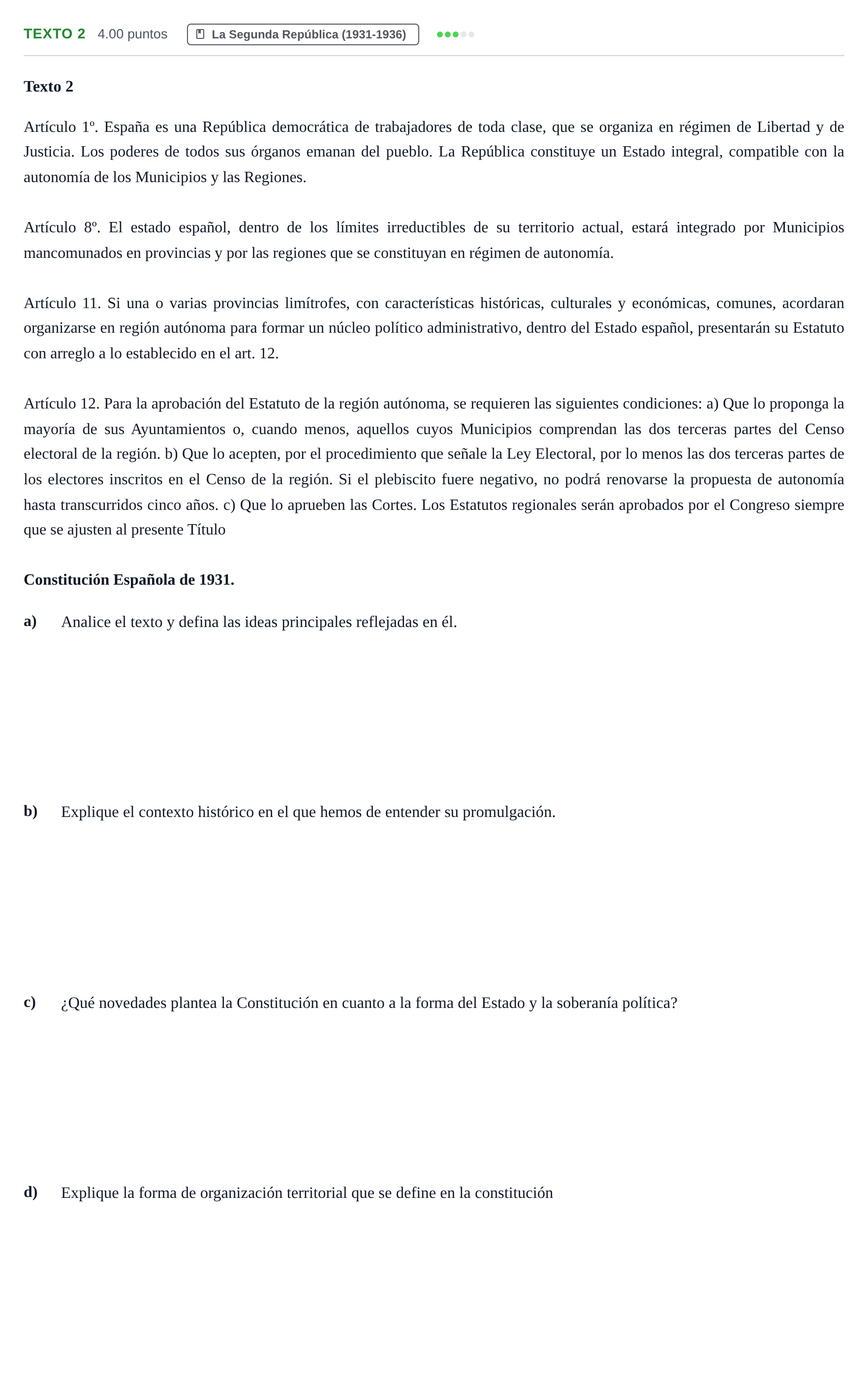 Enunciado: Ejercicio Texto 2 · Historia de España PAU Asturias Ordinaria 2025