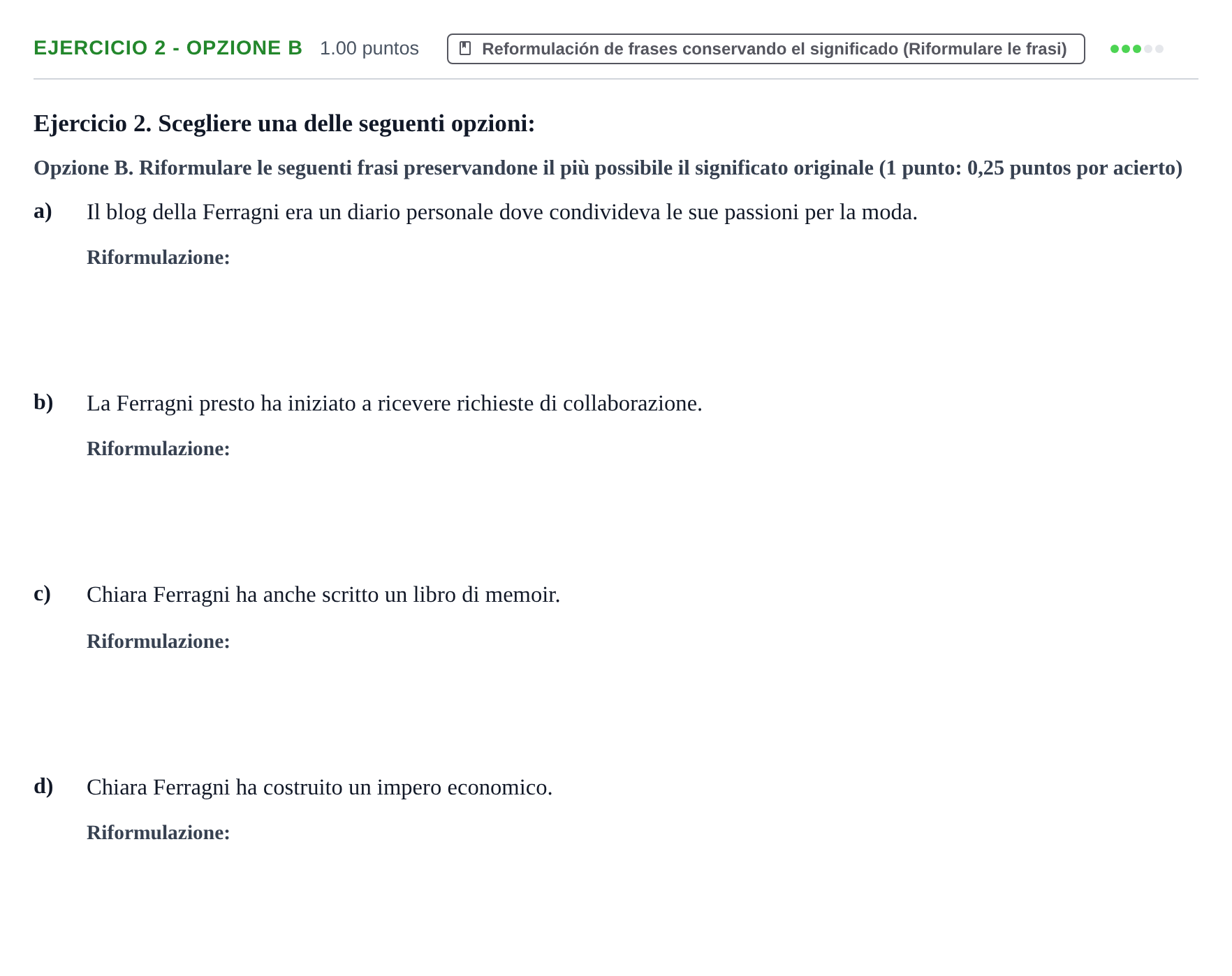 Enunciado: Ejercicio 2 - Opzione B · Italiano PAU Asturias Ordinaria (2ª lengua extranjera) 2025