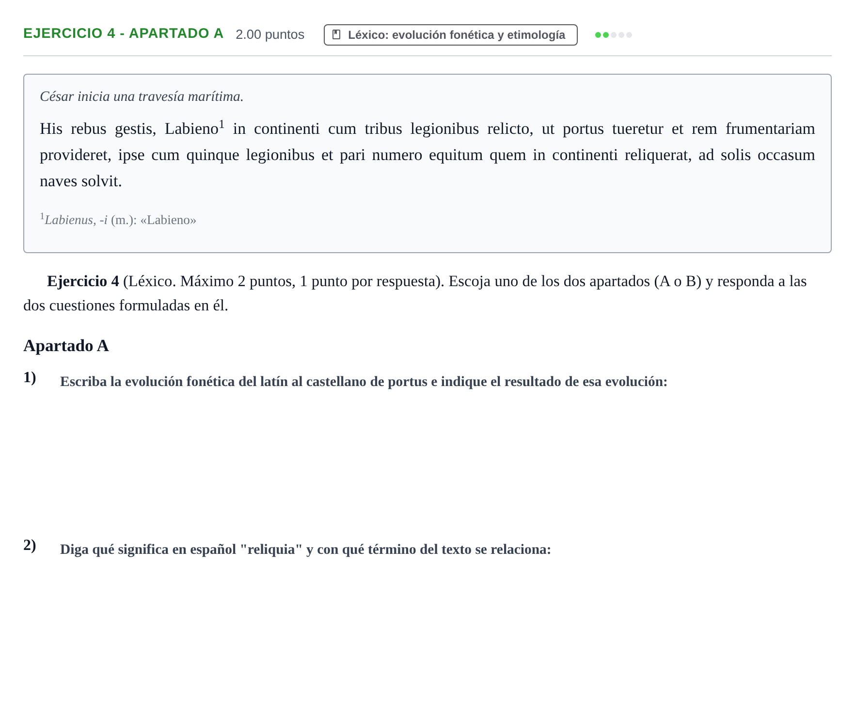 Enunciado: Ejercicio 4 - Apartado A · Latín II PAU Asturias Ordinaria 2025