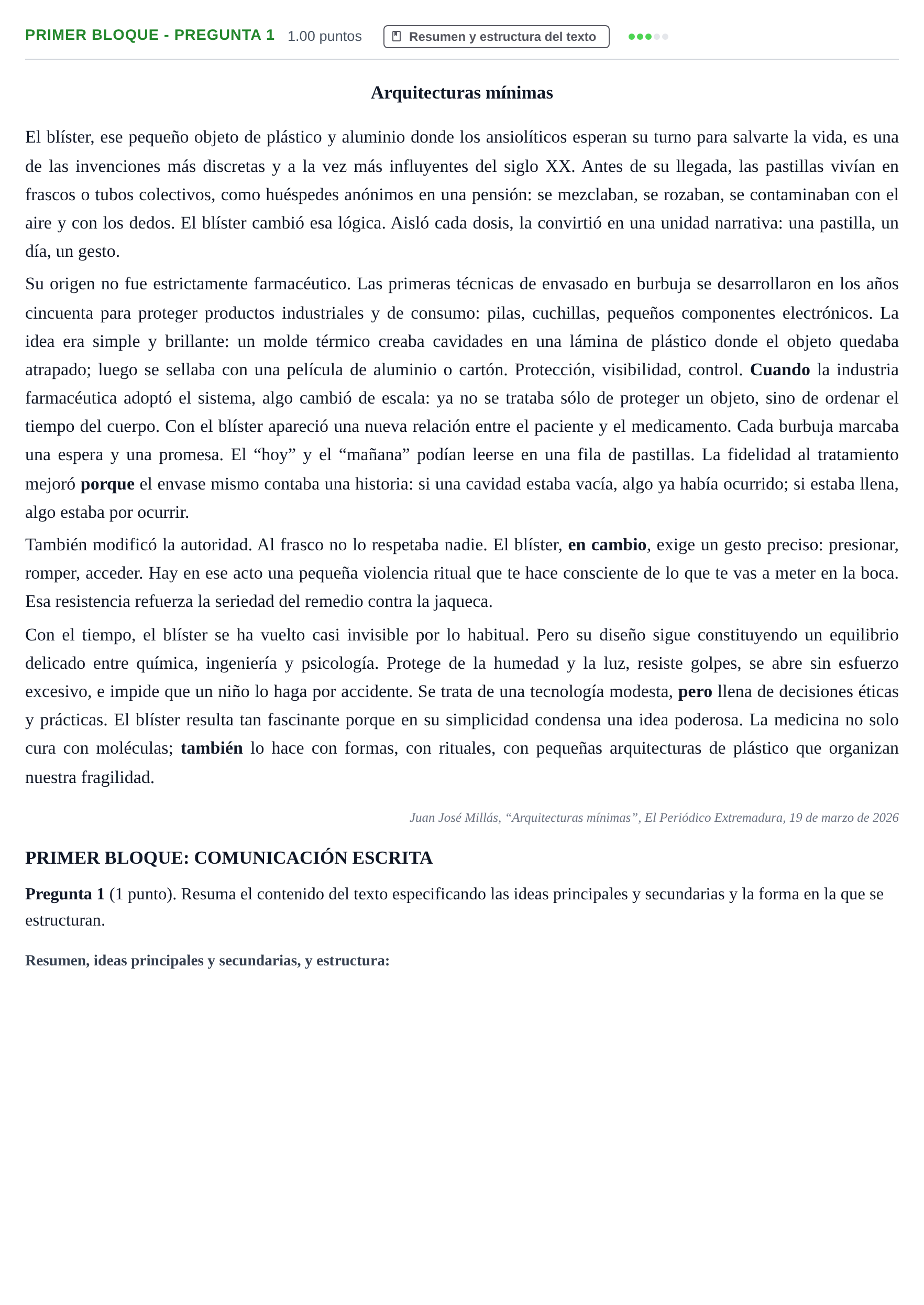 Enunciado: Ejercicio Primer Bloque - Pregunta 1 · Lengua Castellana y Literatura II PAU Extremadura Ordinaria 2026
