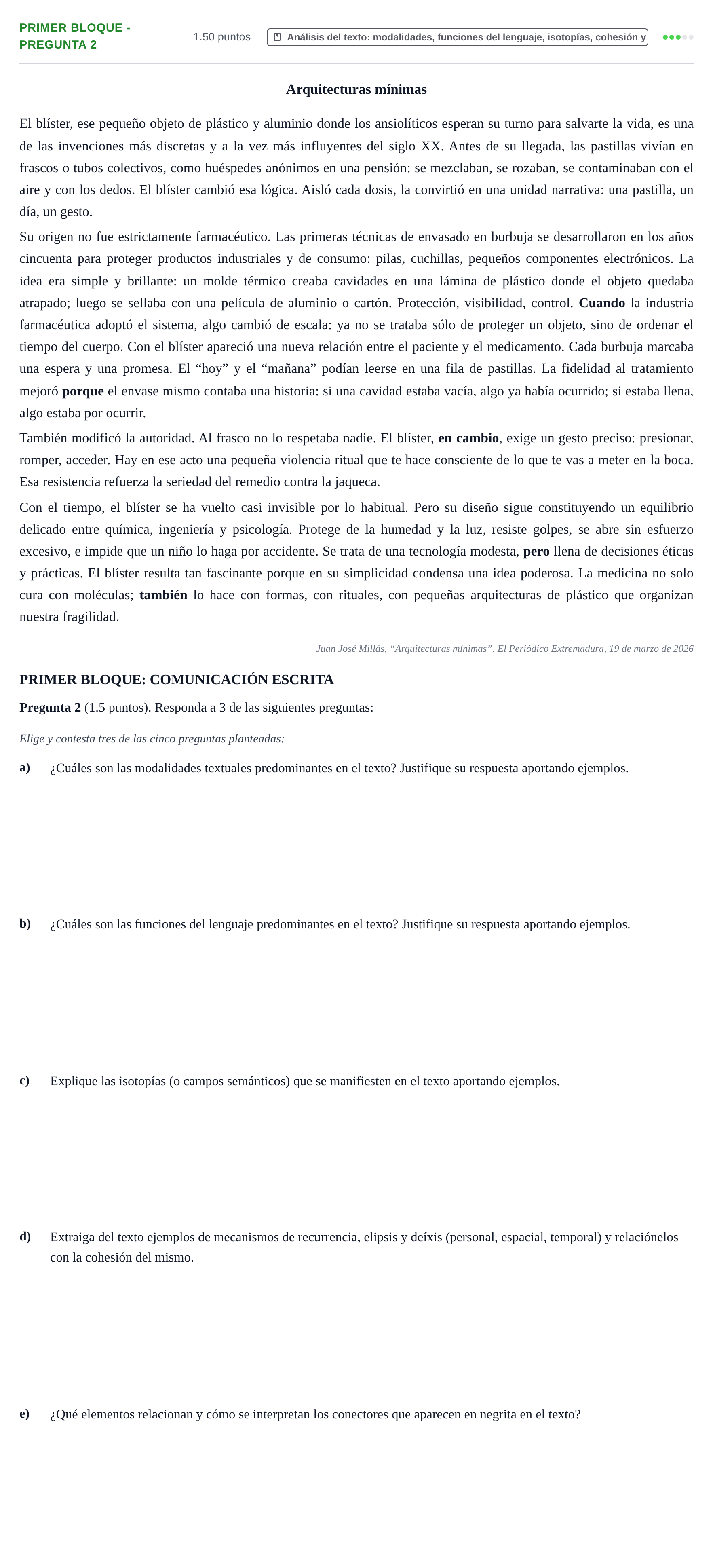 Enunciado: Ejercicio Primer Bloque - Pregunta 2 · Lengua Castellana y Literatura II PAU Extremadura Ordinaria 2026