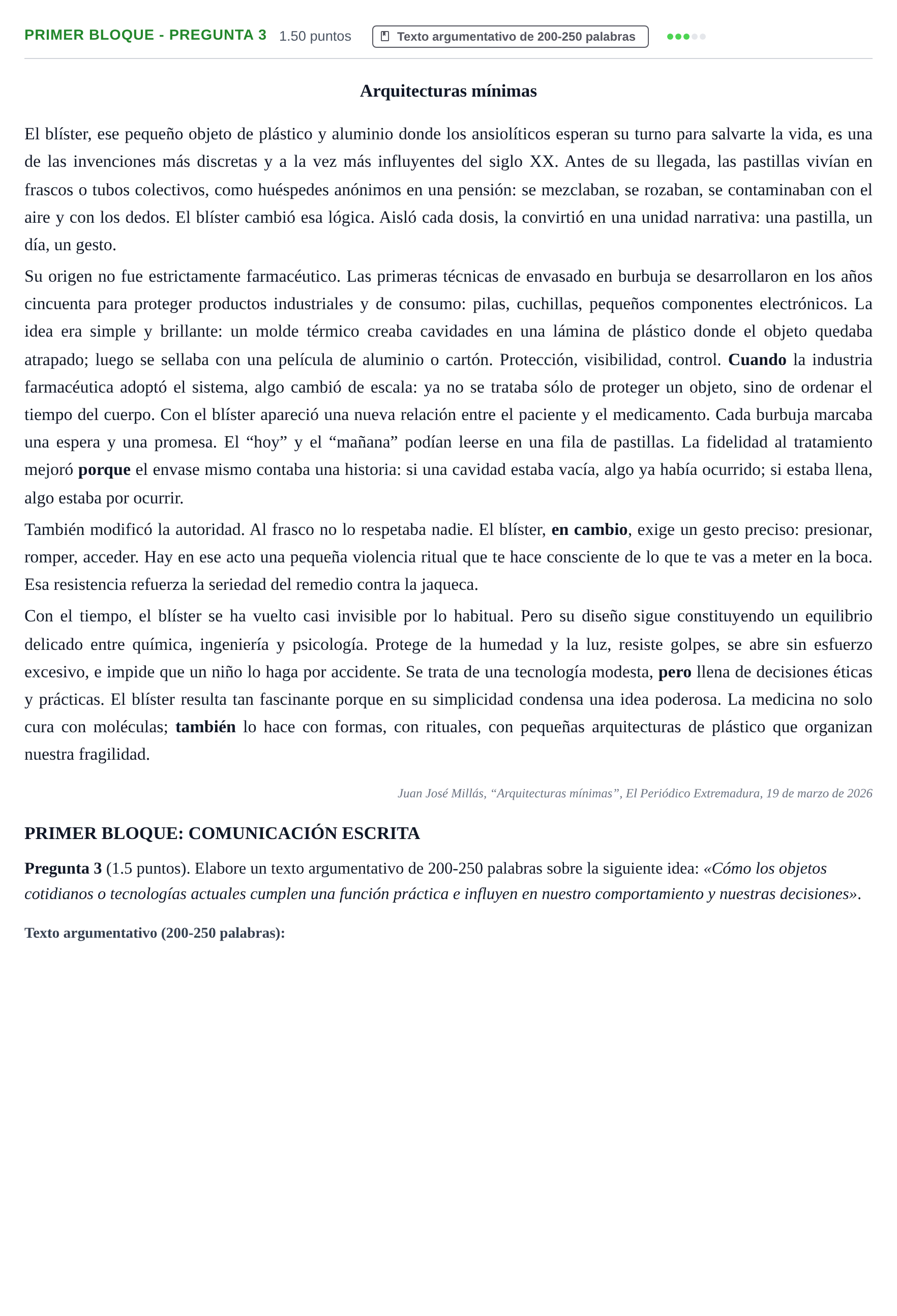 Enunciado: Ejercicio Primer Bloque - Pregunta 3 · Lengua Castellana y Literatura II PAU Extremadura Ordinaria 2026