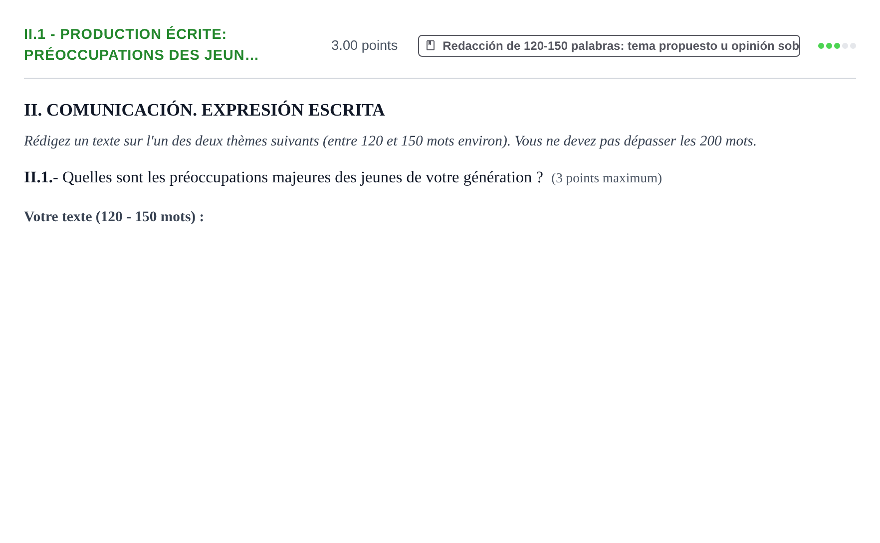Enunciado: Ejercicio II.1 - Production écrite: Préoccupations des jeun… · Francés PAU Extremadura Ordinaria 2026