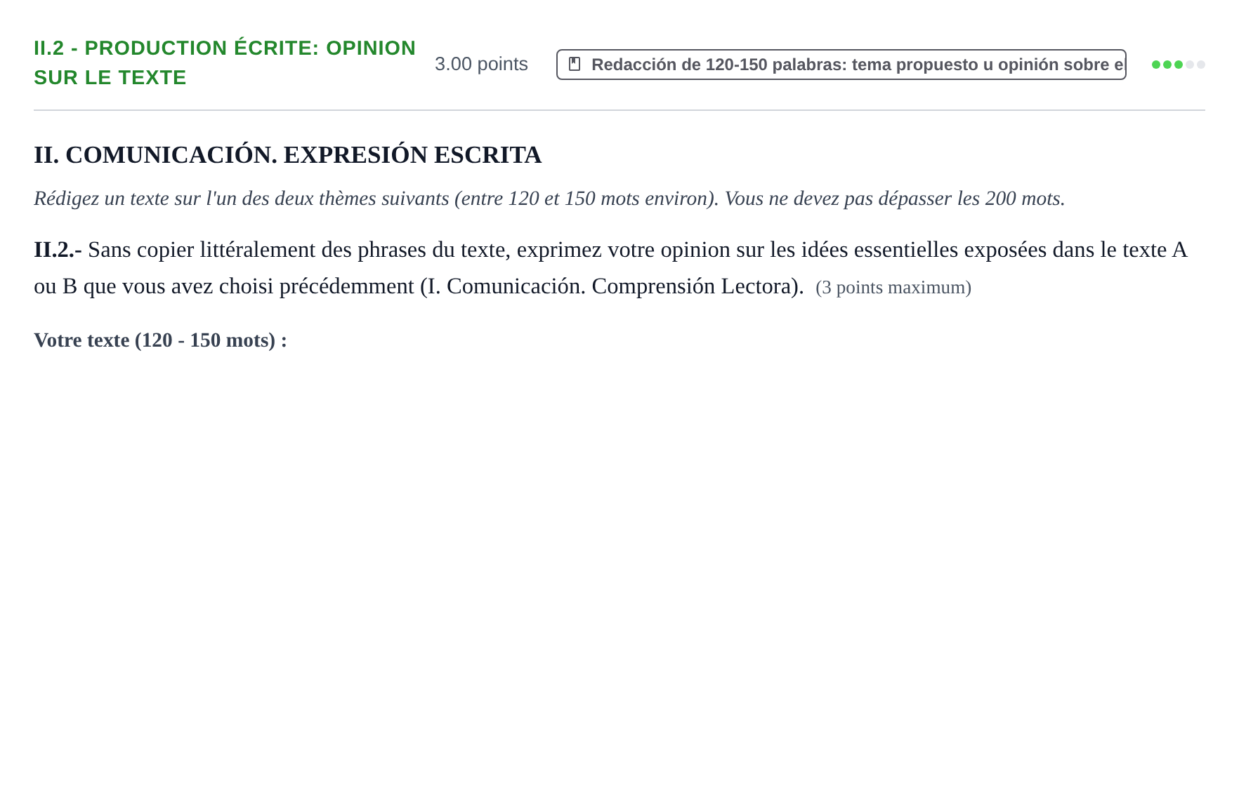 Enunciado: Ejercicio II.2 - Production écrite: Opinion sur le texte · Francés PAU Extremadura Ordinaria 2026