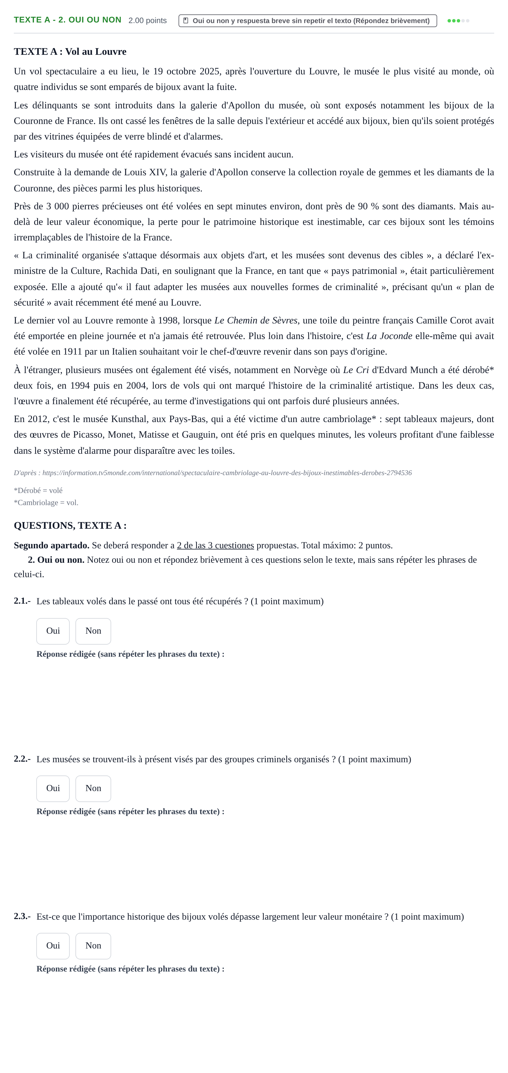 Enunciado: Ejercicio Texte A - 2. Oui ou non · Francés PAU Extremadura Ordinaria 2026
