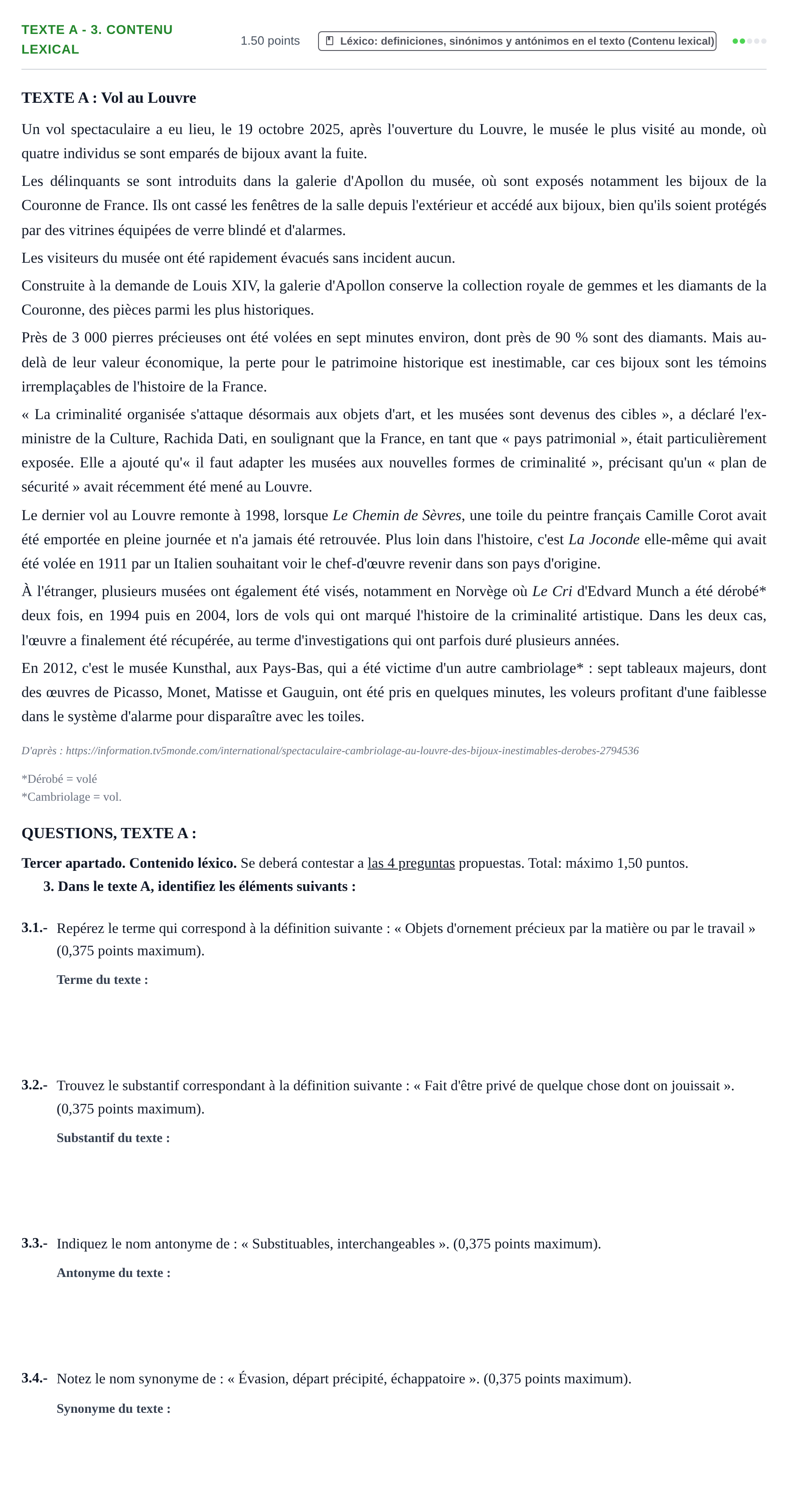 Enunciado: Ejercicio Texte A - 3. Contenu lexical · Francés PAU Extremadura Ordinaria 2026