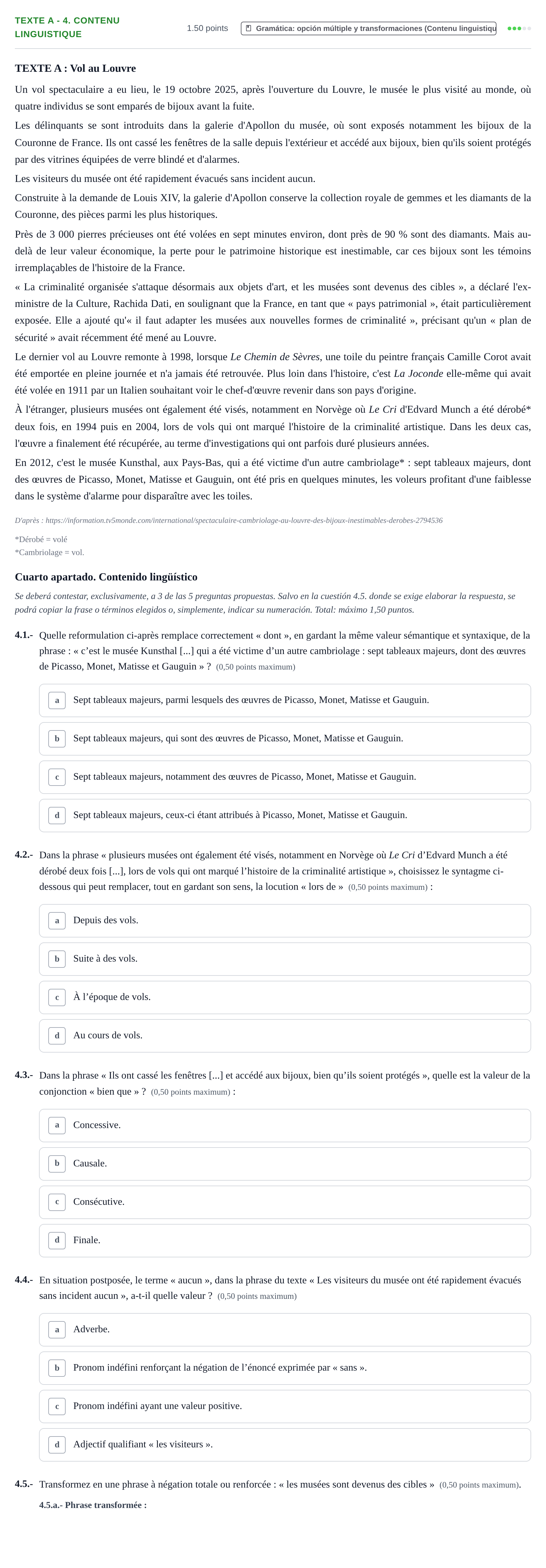 Enunciado: Ejercicio Texte A - 4. Contenu linguistique · Francés PAU Extremadura Ordinaria 2026