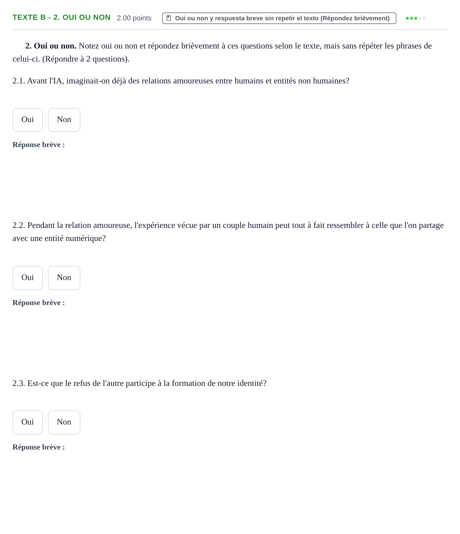 Enunciado: Ejercicio Texte B - 2. Oui ou non · Francés PAU Extremadura Ordinaria 2026
