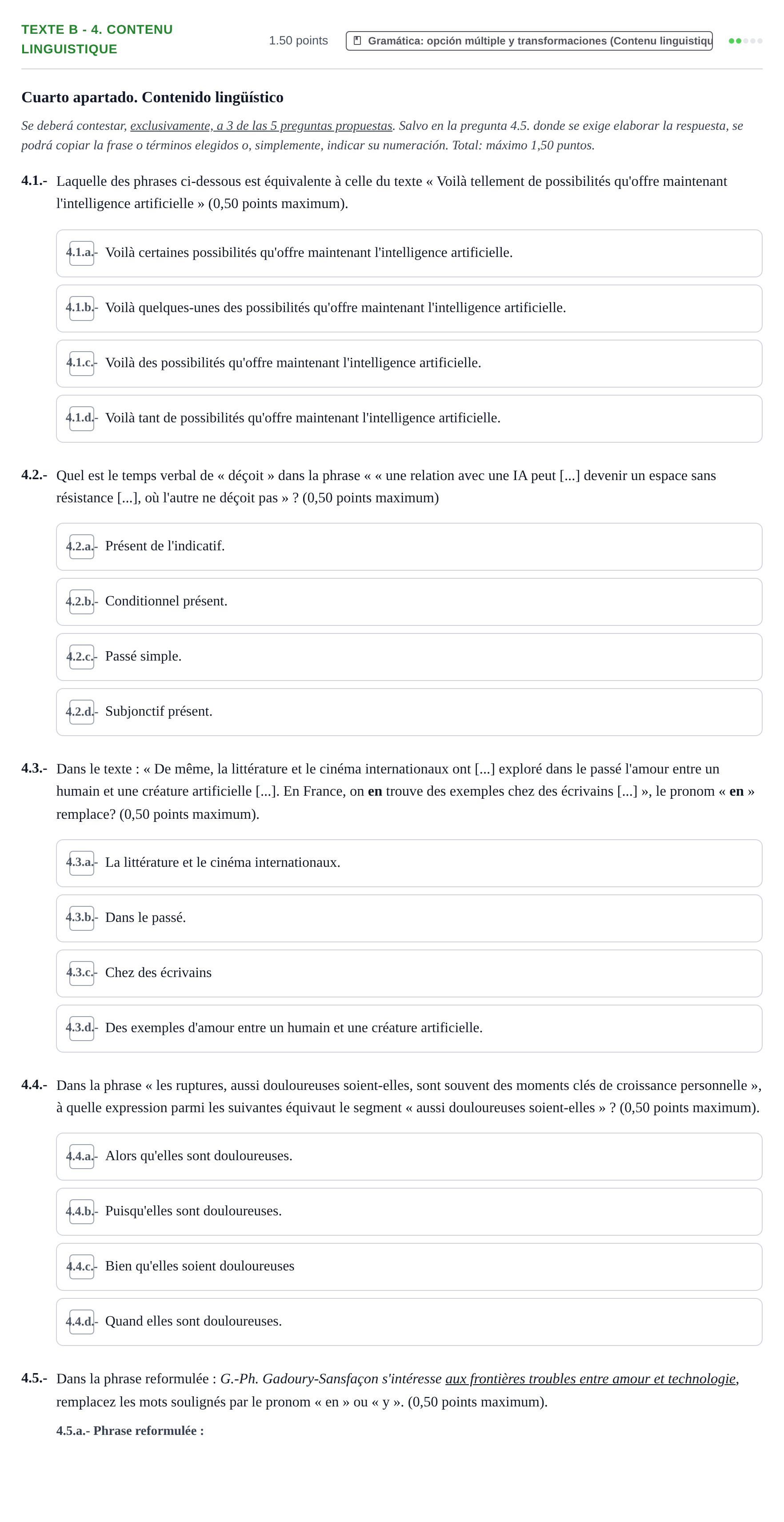 Enunciado: Ejercicio Texte B - 4. Contenu linguistique · Francés PAU Extremadura Ordinaria 2026