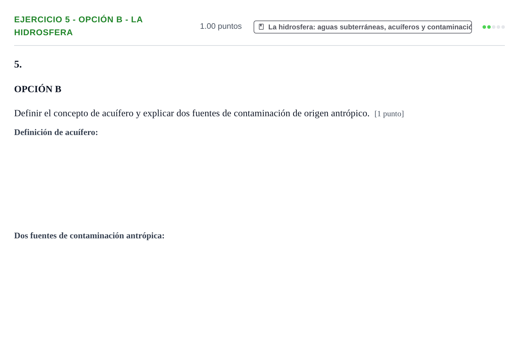 Enunciado: Ejercicio 5 - Opción B - La hidrosfera · Geología y Ciencias Ambientales PAU Extremadura Ordinaria 2026