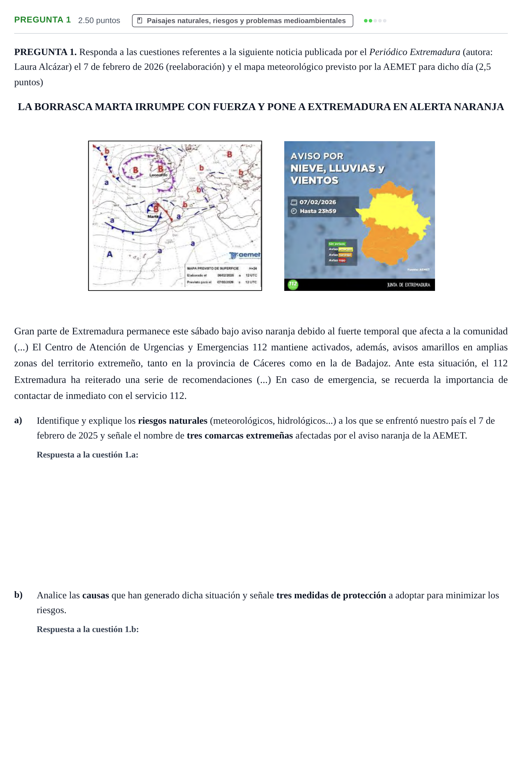 Enunciado: Pregunta 1 · Geografía PAU Extremadura Ordinaria 2026