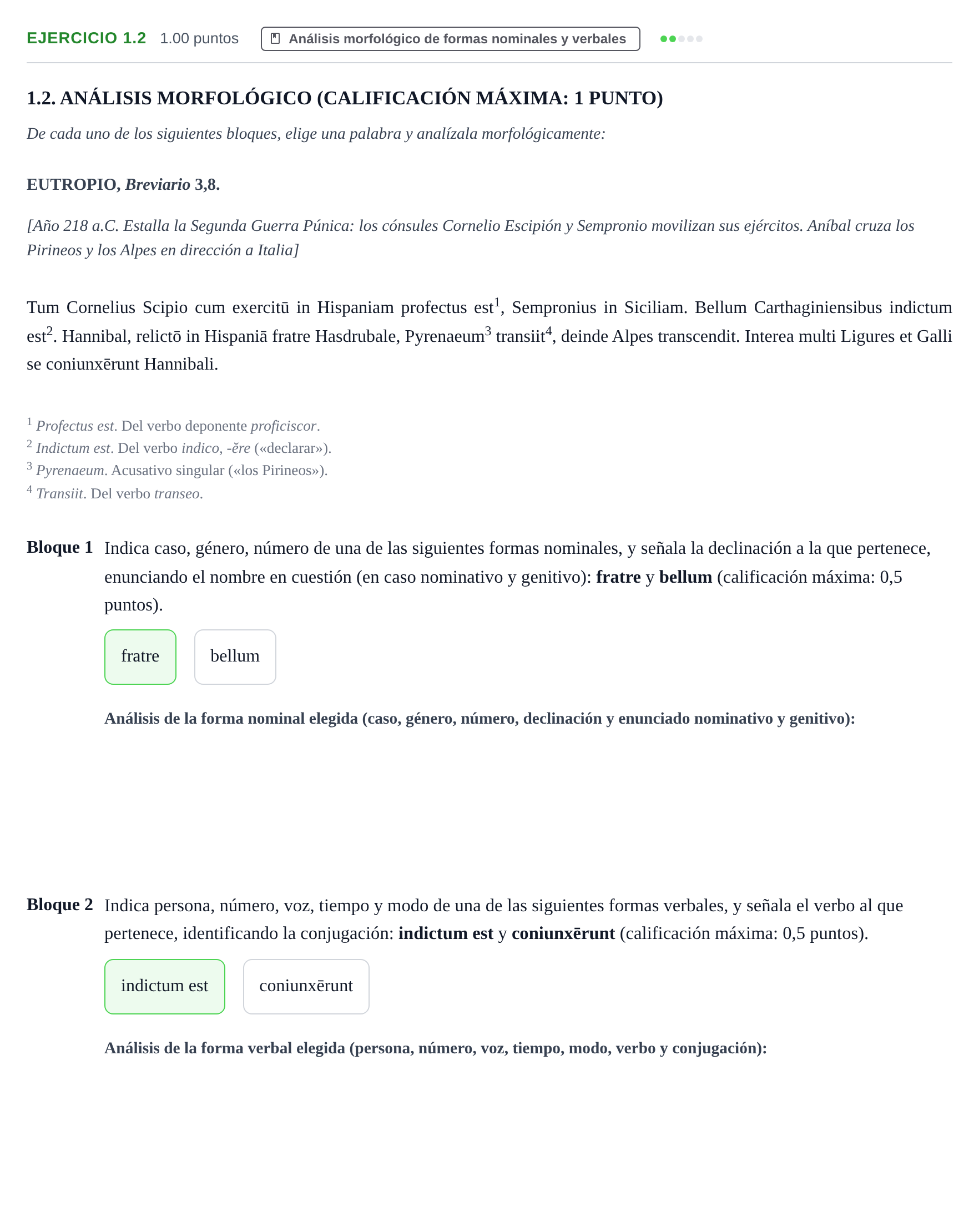 Enunciado: Ejercicio 1.2 · Latín II PAU Extremadura Ordinaria 2026