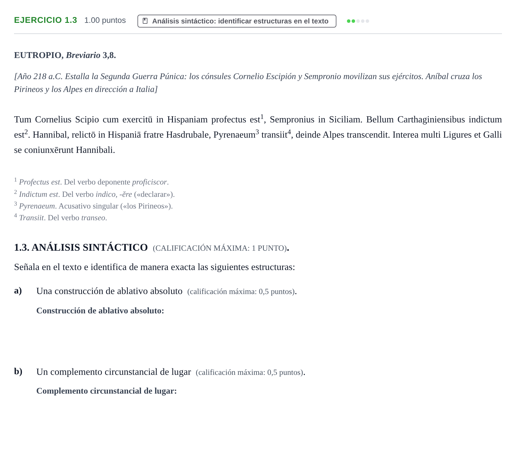 Enunciado: Ejercicio 1.3 · Latín II PAU Extremadura Ordinaria 2026