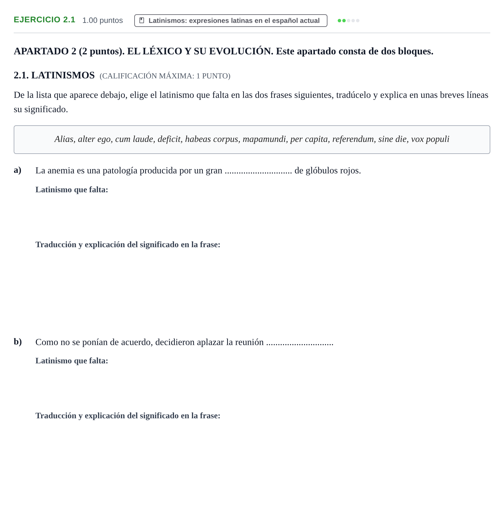 Enunciado: Ejercicio 2.1 · Latín II PAU Extremadura Ordinaria 2026