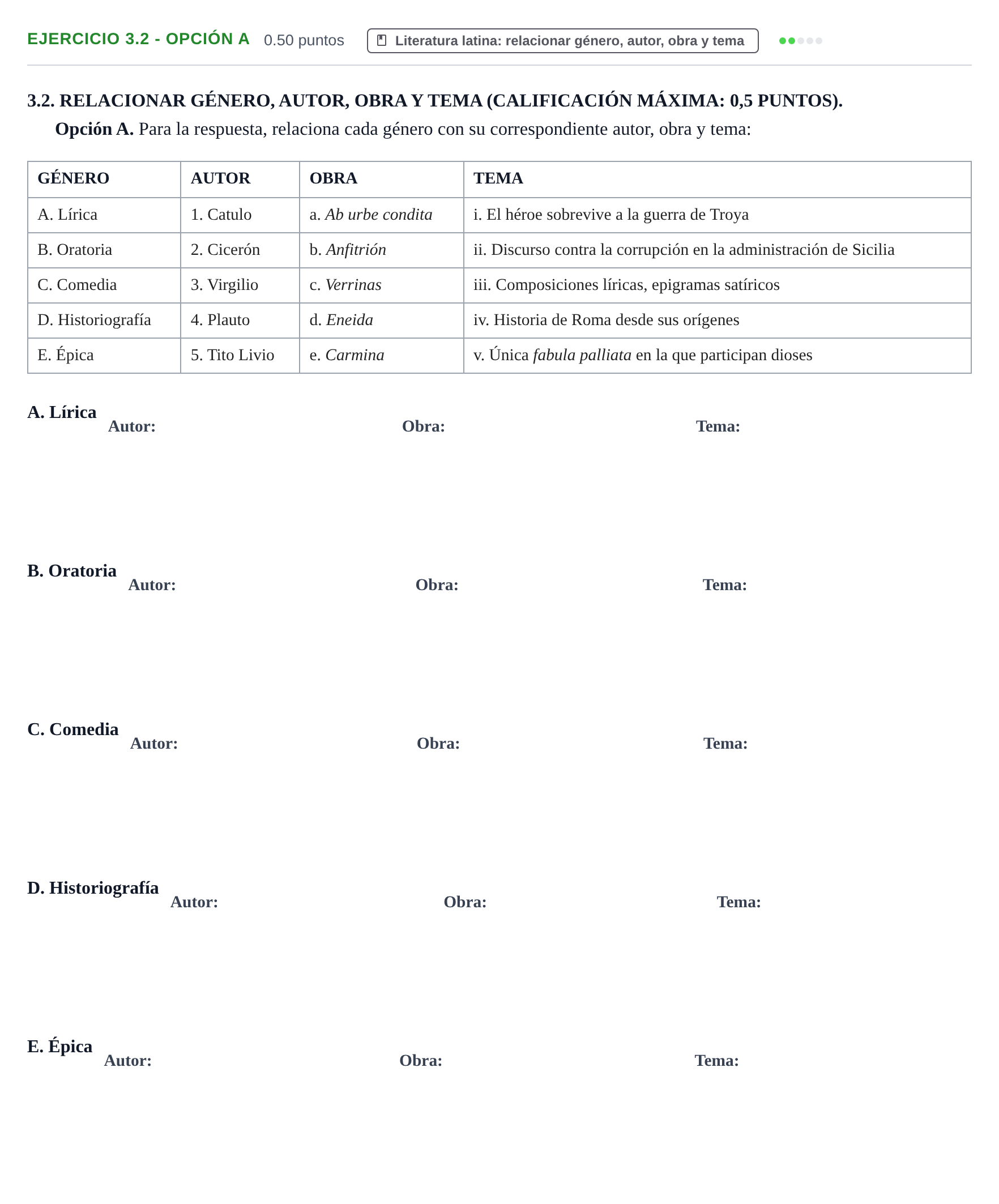 Enunciado: Ejercicio 3.2 - Opción A · Latín II PAU Extremadura Ordinaria 2026