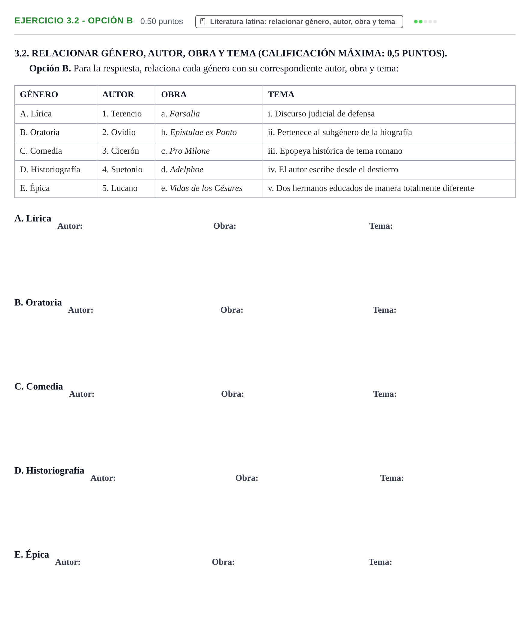 Enunciado: Ejercicio 3.2 - Opción B · Latín II PAU Extremadura Ordinaria 2026