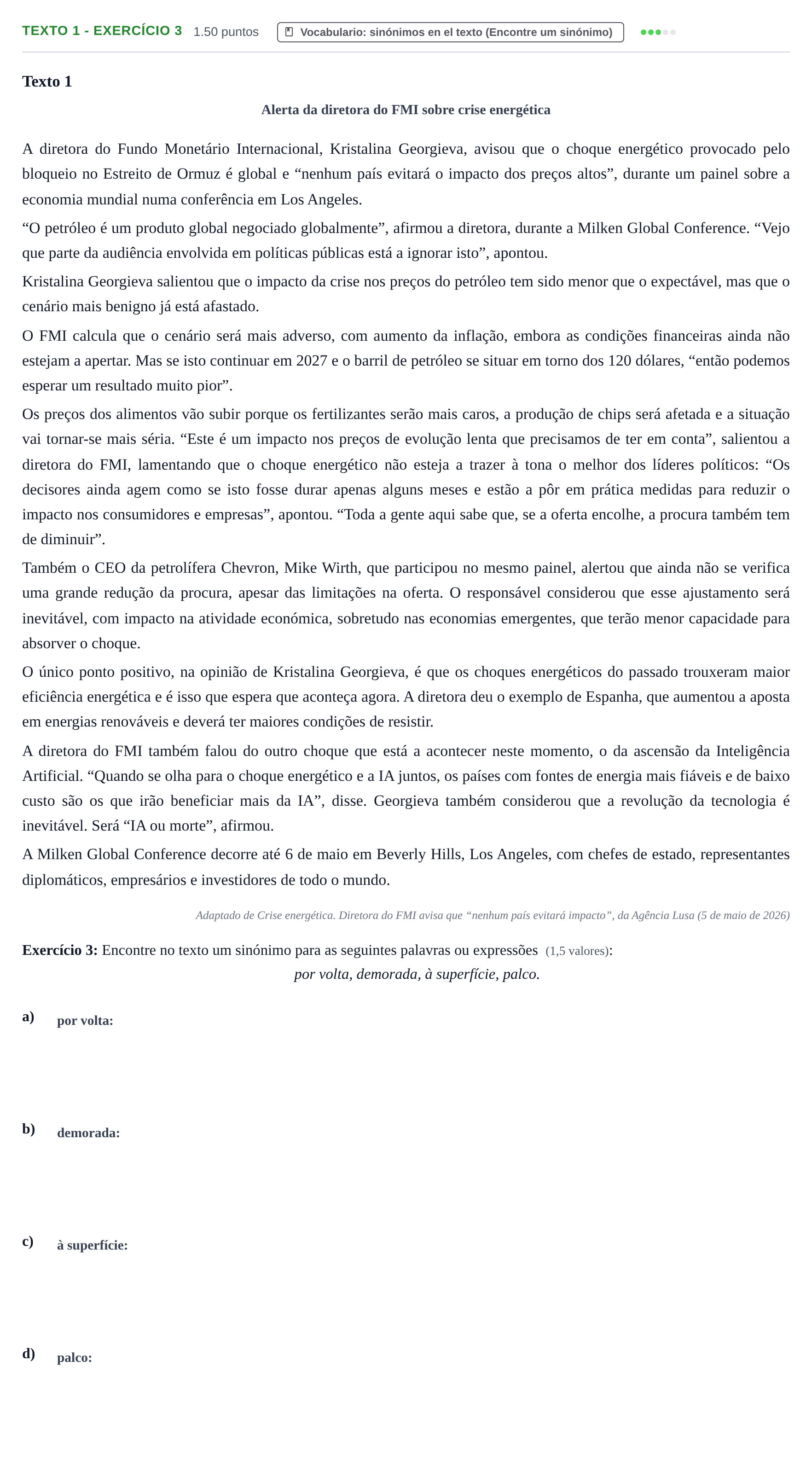 Enunciado: Ejercicio Texto 1 - Exercício 3 · Portugués PAU Extremadura Ordinaria 2026