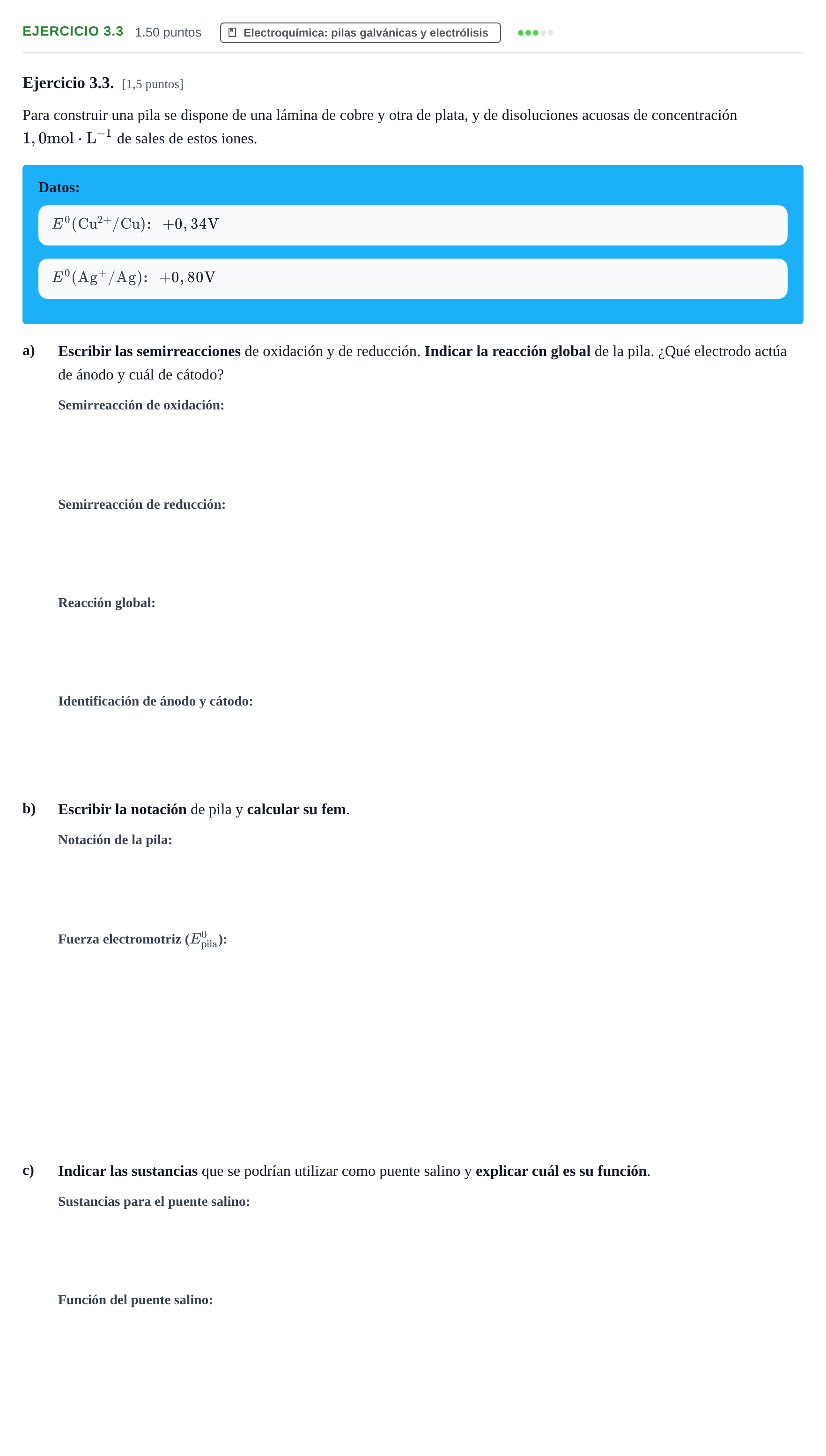 Enunciado: Ejercicio 3.3 · Química PAU Extremadura Ordinaria 2026