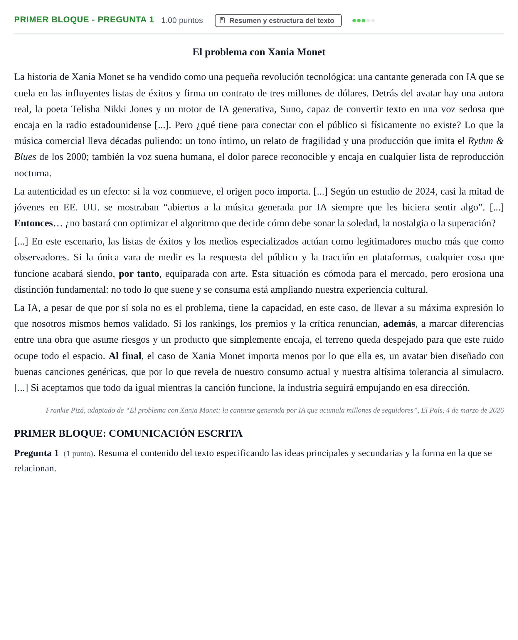 Enunciado: Ejercicio Primer Bloque - Pregunta 1 · Lengua Castellana y Literatura II PAU Extremadura Extraordinaria 2026
