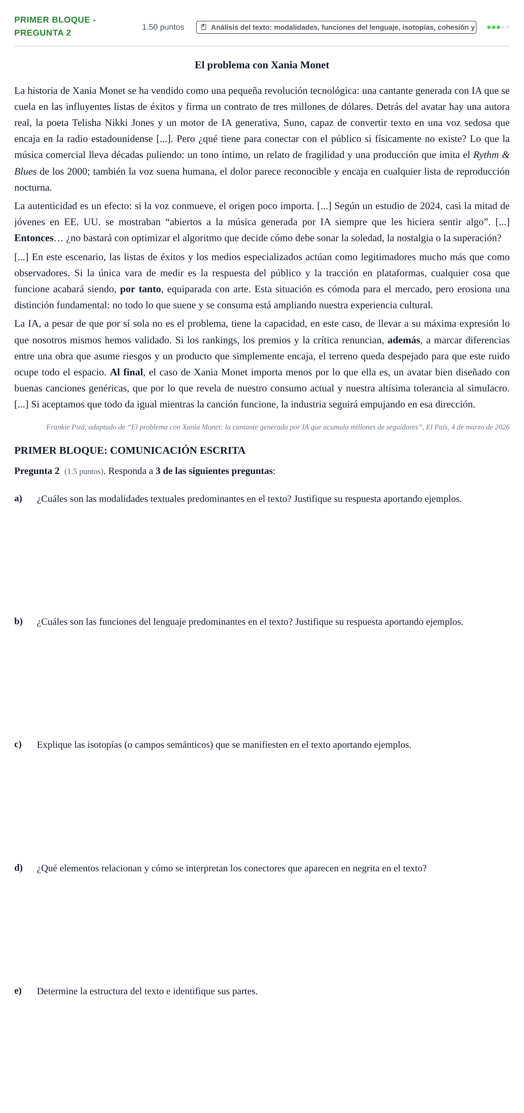 Enunciado: Ejercicio Primer Bloque - Pregunta 2 · Lengua Castellana y Literatura II PAU Extremadura Extraordinaria 2026